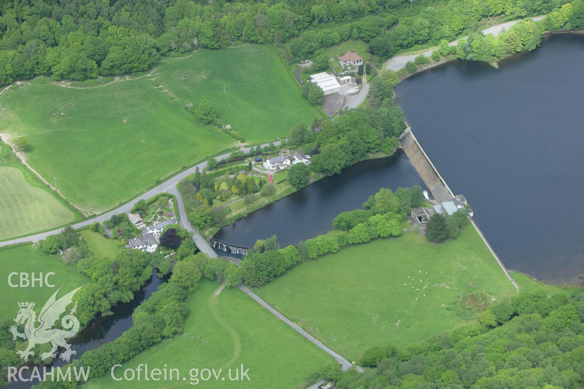RCAHMW colour oblique photograph of Cwm Rheidol Reservoir and Dam, part of the Rheidol Hydro-Electric Scheme. Taken by Toby Driver on 20/05/2008.