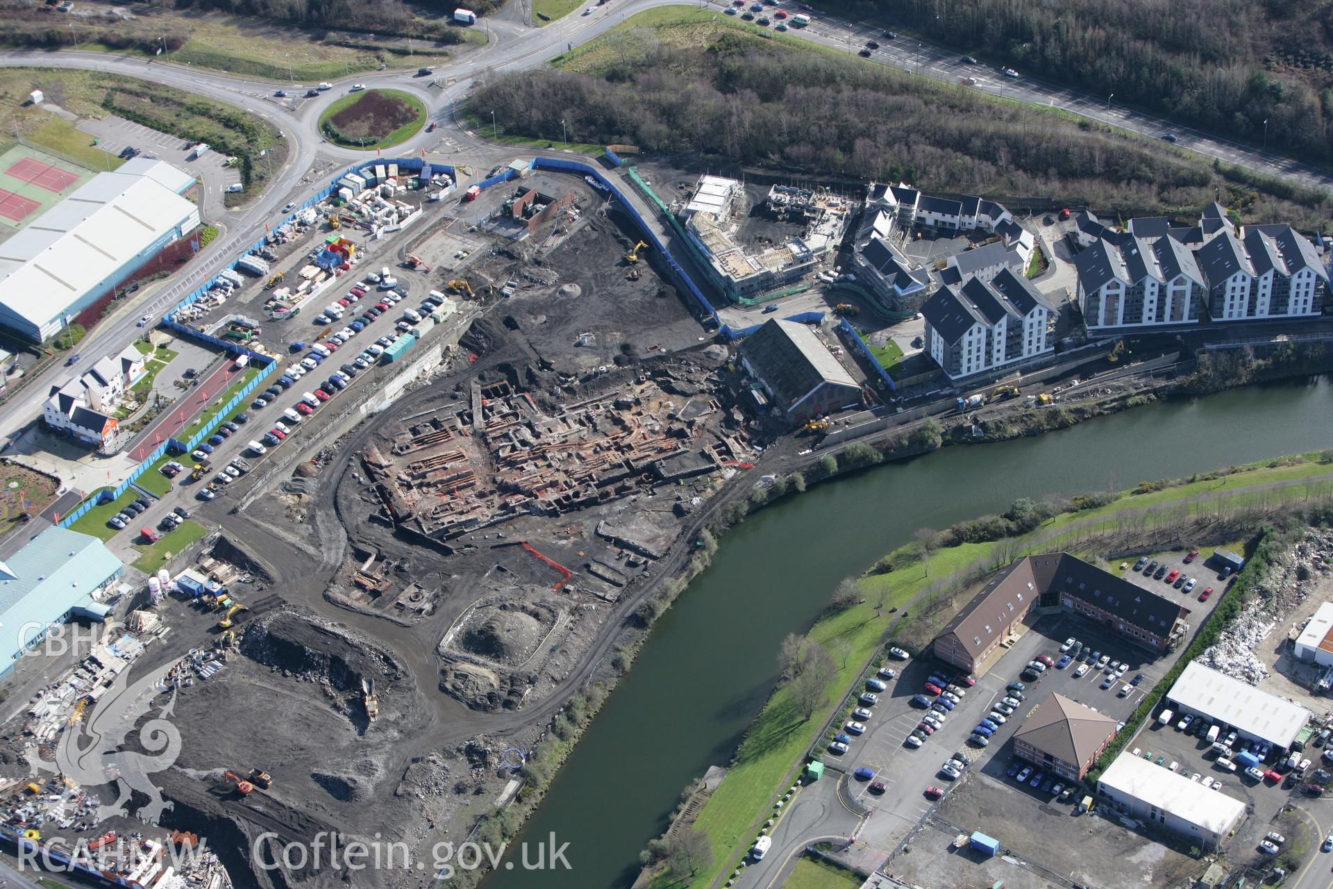 RCAHMW colour oblique photograph of Upper Bank Copperworks, Swansea, during excavations. Taken by Toby Driver on 04/03/2008.