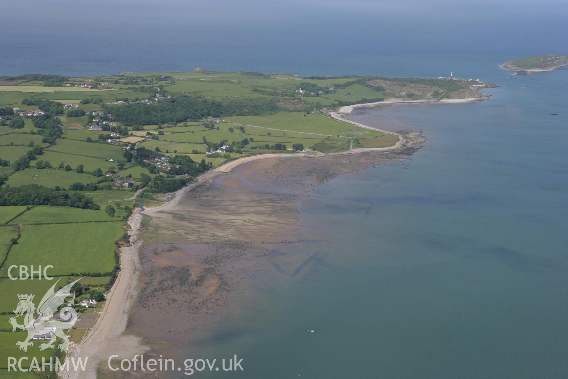 RCAHMW colour oblique photograph of Llangoed Fish Trap, Aberlleiniog Fish Trap and Penmon Fish Trap, Menai Strait, Anglesey. Taken by Toby Driver on 13/06/2008.