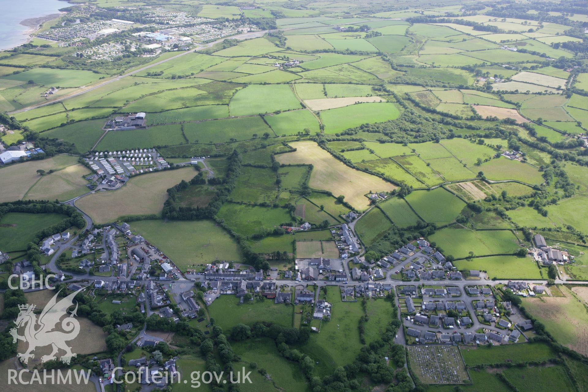 RCAHMW colour oblique photograph of Chwilog village, view from the north. Taken by Toby Driver on 13/06/2008.