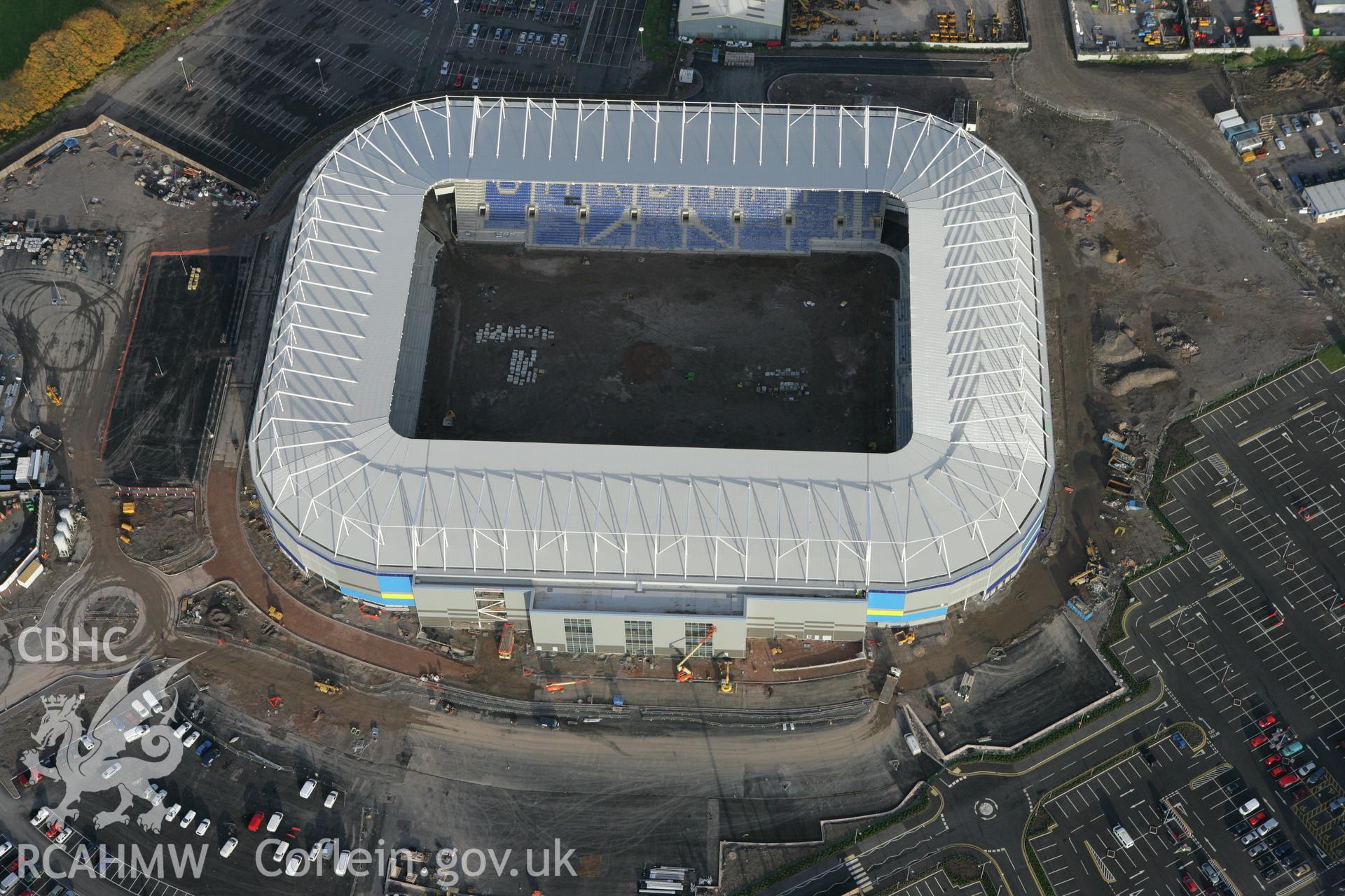 RCAHMW colour oblique photograph of Cardiff City Stadium and Ninian Park Stadium. Taken by Toby Driver on 12/11/2008.