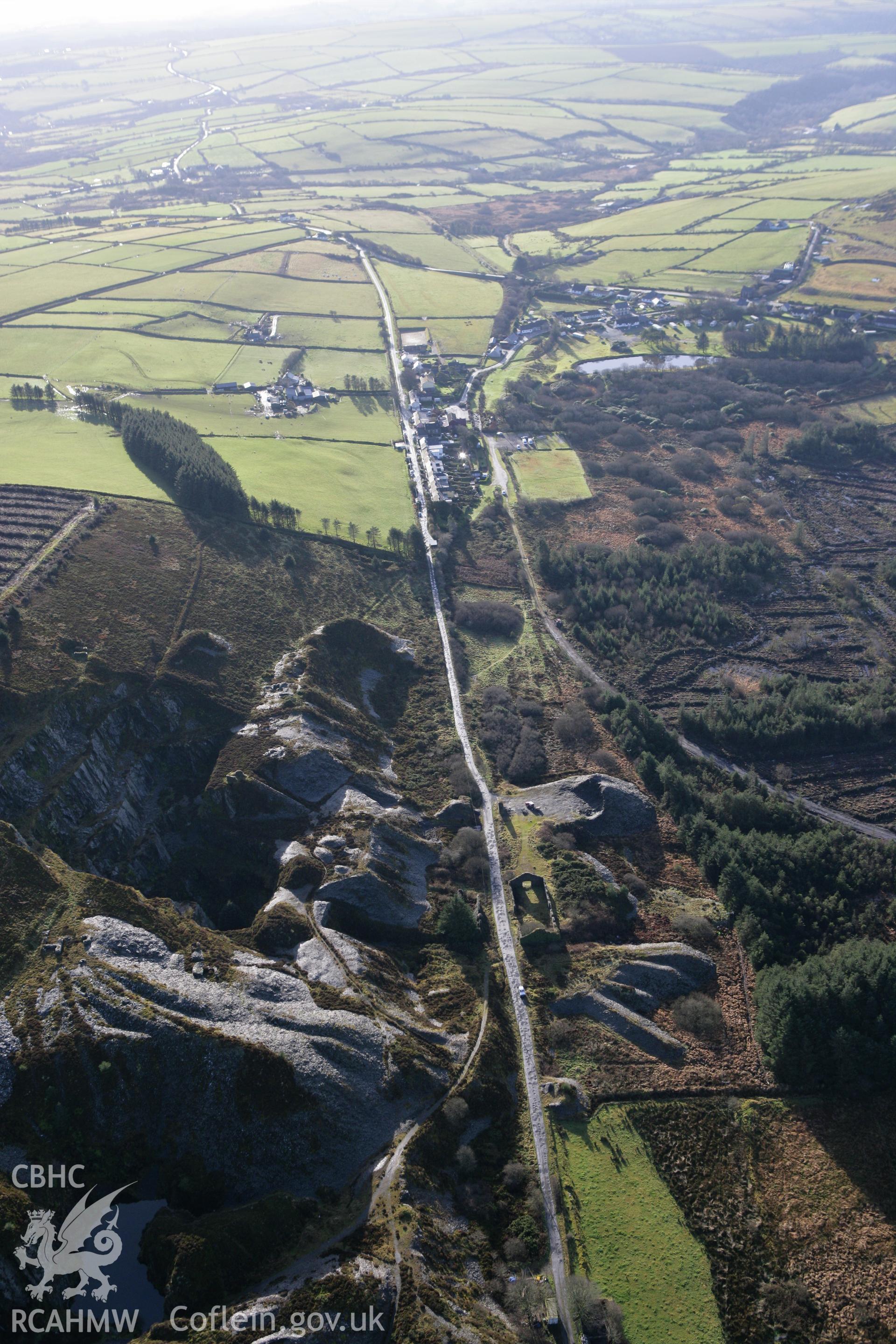 RCAHMW colour oblique photograph of Rosebush Slate Quarries. Taken by Toby Driver on 15/12/2008.