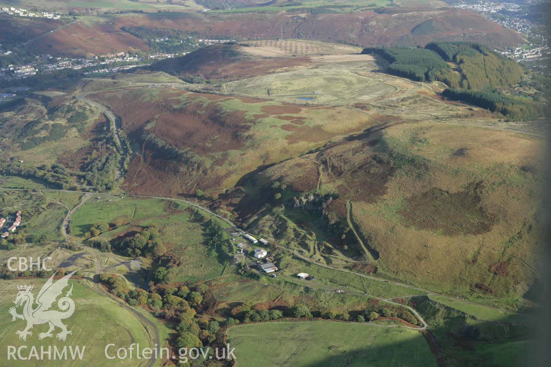 RCAHMW colour oblique photograph of Mynydd Bwllfa, relict field boundaries and house platforms. Taken by Toby Driver on 16/10/2008.