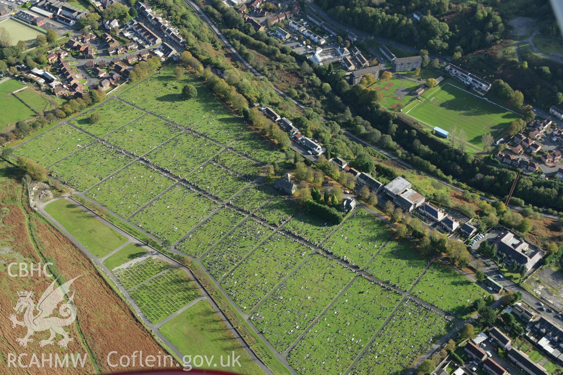 RCAHMW colour oblique photograph of Trealaw Cemetery, with mortuary chapel, Brithweunydd Road, Trealaw. Taken by Toby Driver on 16/10/2008.