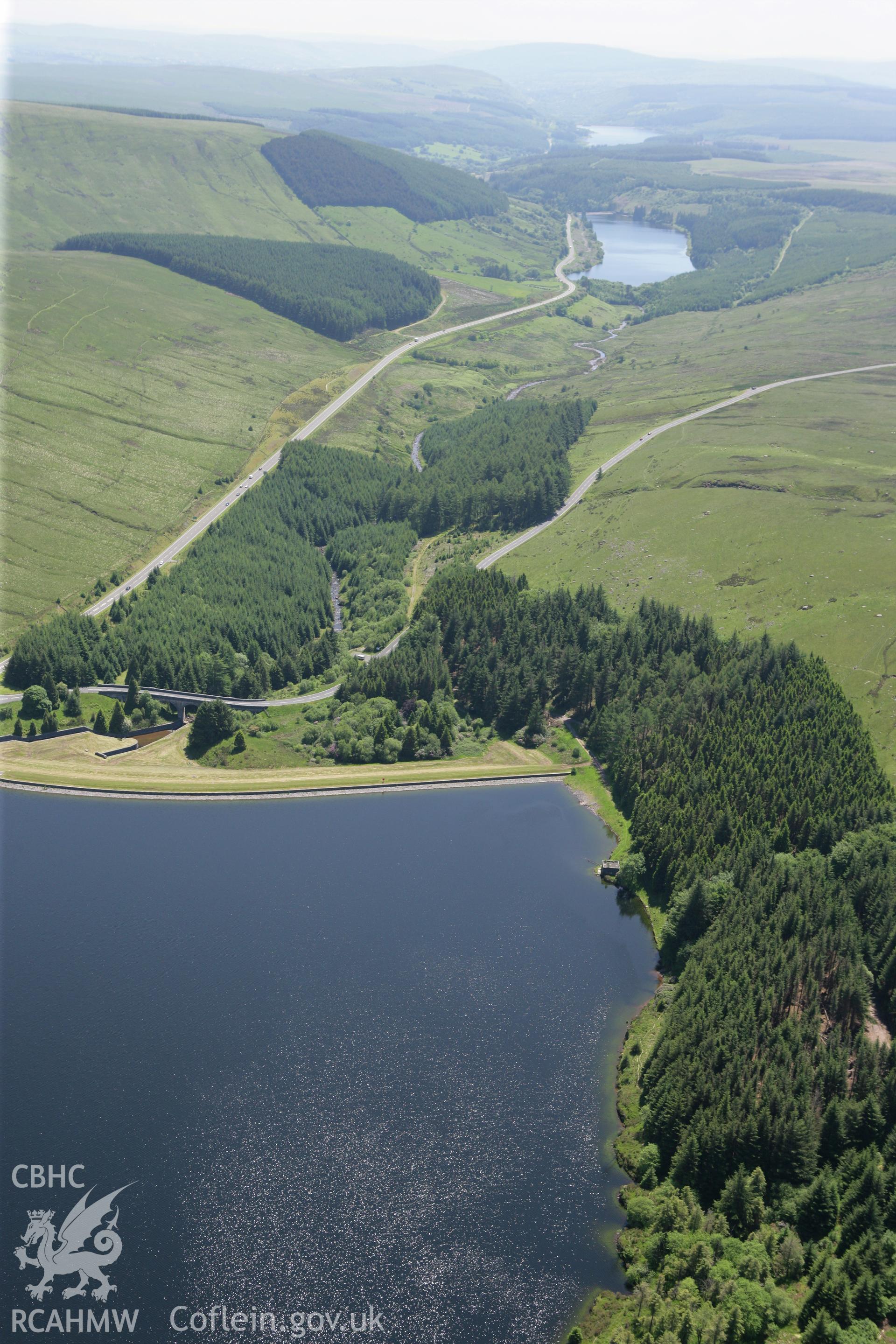RCAHMW colour oblique photograph of Brecons Reservoir, Taff Fawr Reservoirs, Cardiff Waterworks. Taken by Toby Driver on 09/06/2008.
