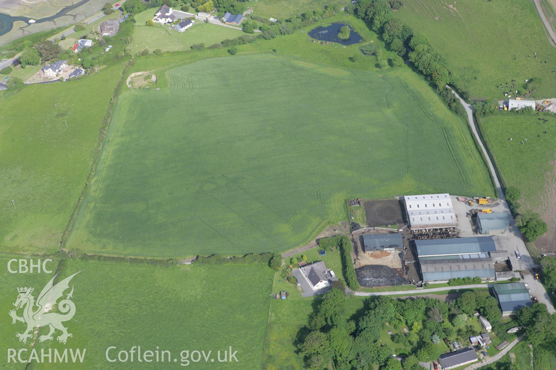 RCAHMW colour oblique photograph of Manian-Fawr, barrow cropmark. Taken by Toby Driver on 13/06/2008.
