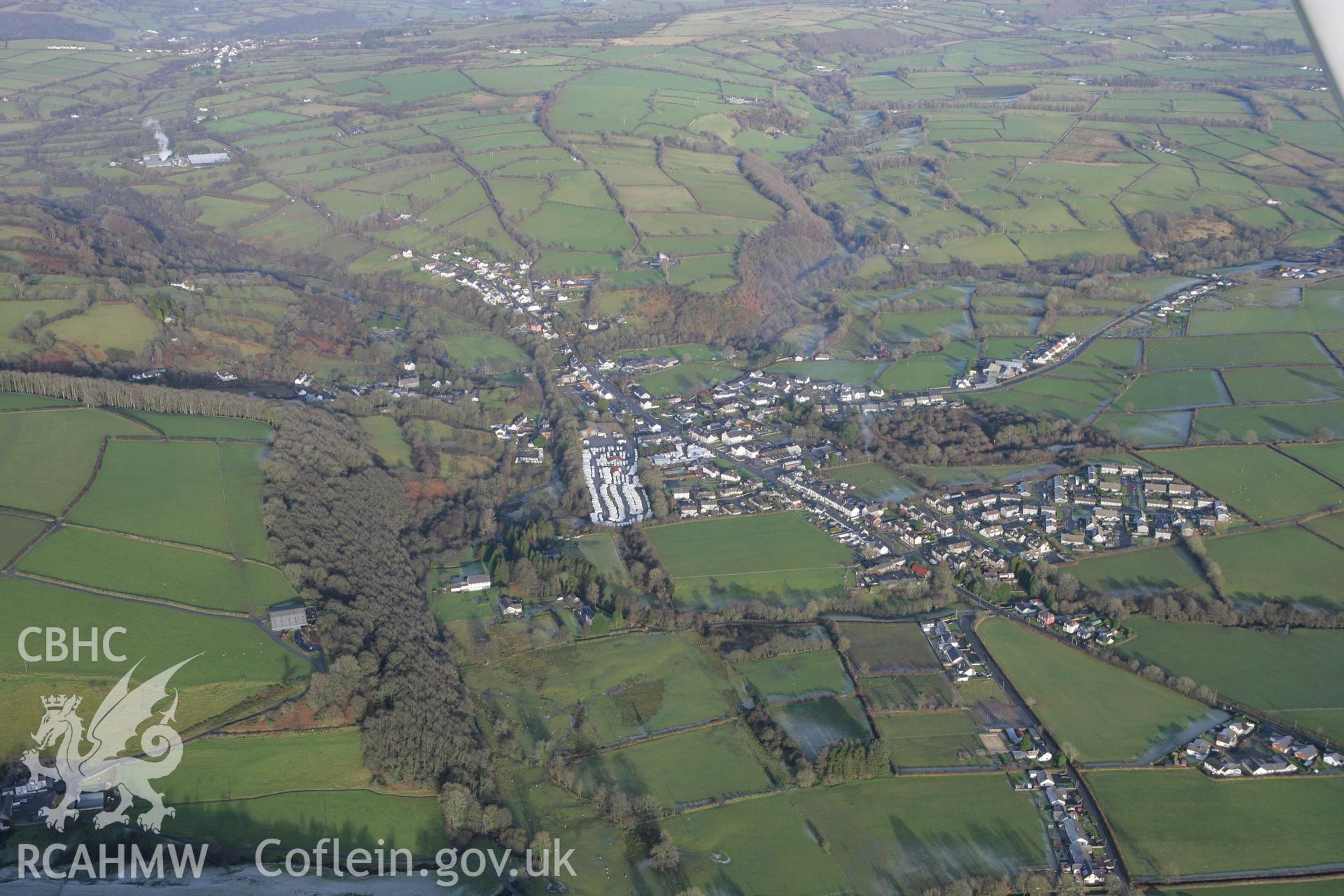 RCAHMW colour oblique photograph of Pencader village. Taken by Toby Driver on 15/12/2008.