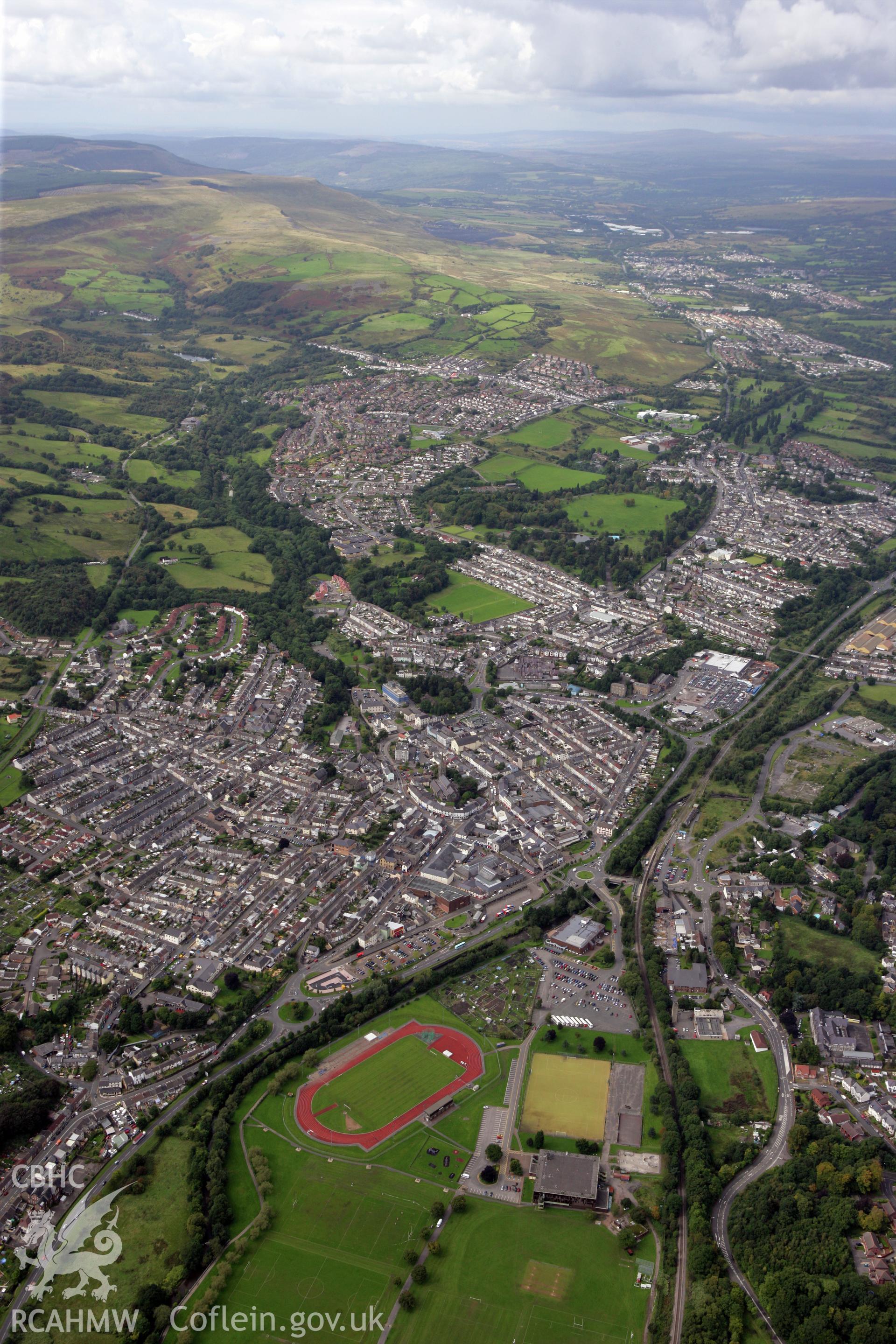 RCAHMW colour oblique photograph of Aberdare townscape, from the south-east. Taken by Toby Driver on 12/09/2008.