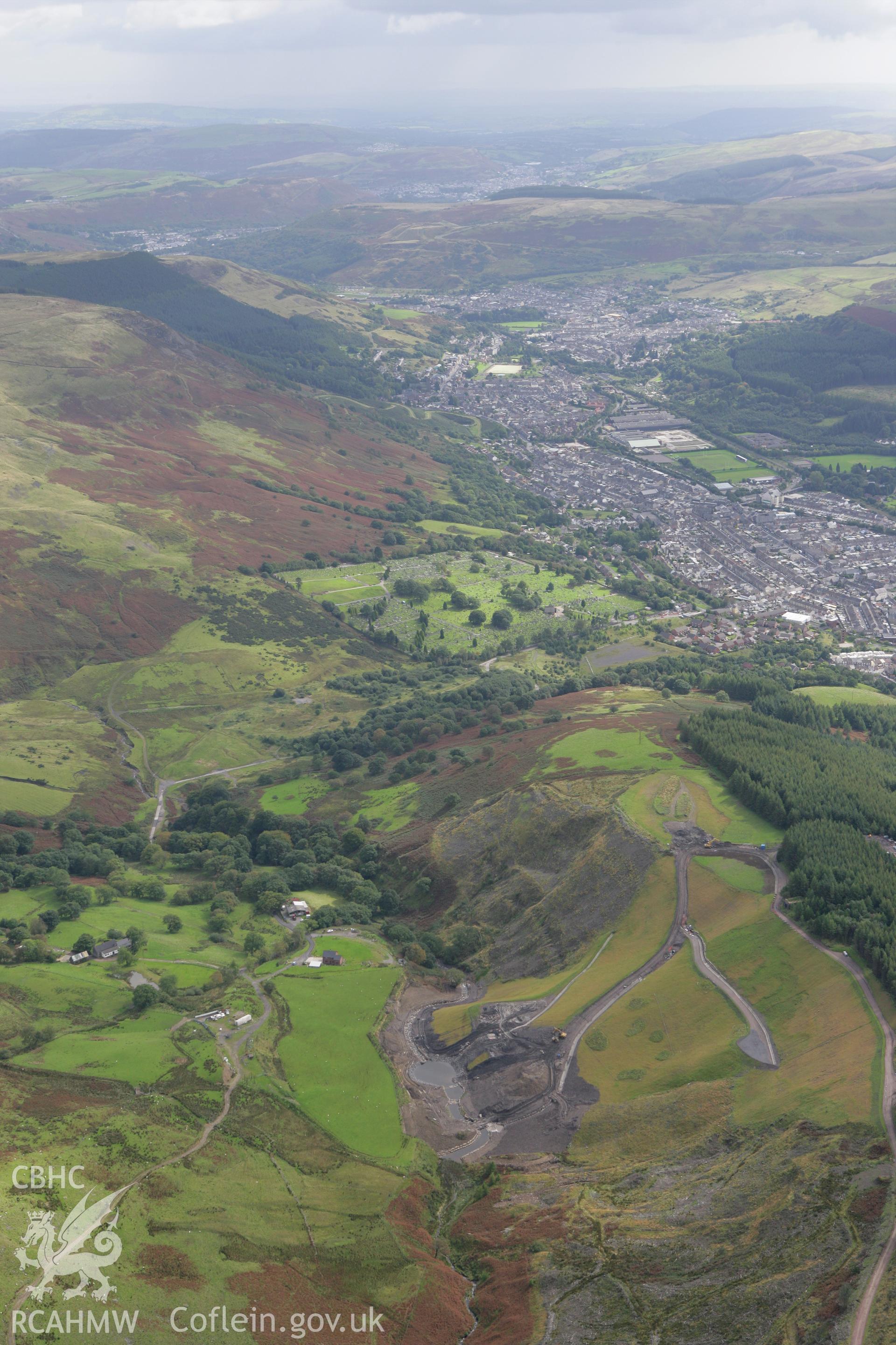 RCAHMW colour oblique photograph of Treherbert, view from the north-west, with quarry and cemetery. Taken by Toby Driver on 12/09/2008.