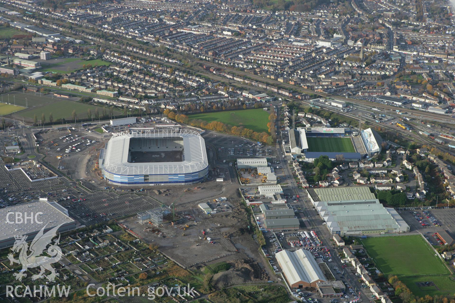 RCAHMW colour oblique photograph of Cardiff City Stadium and Ninian Park Stadium. Taken by Toby Driver on 12/11/2008.