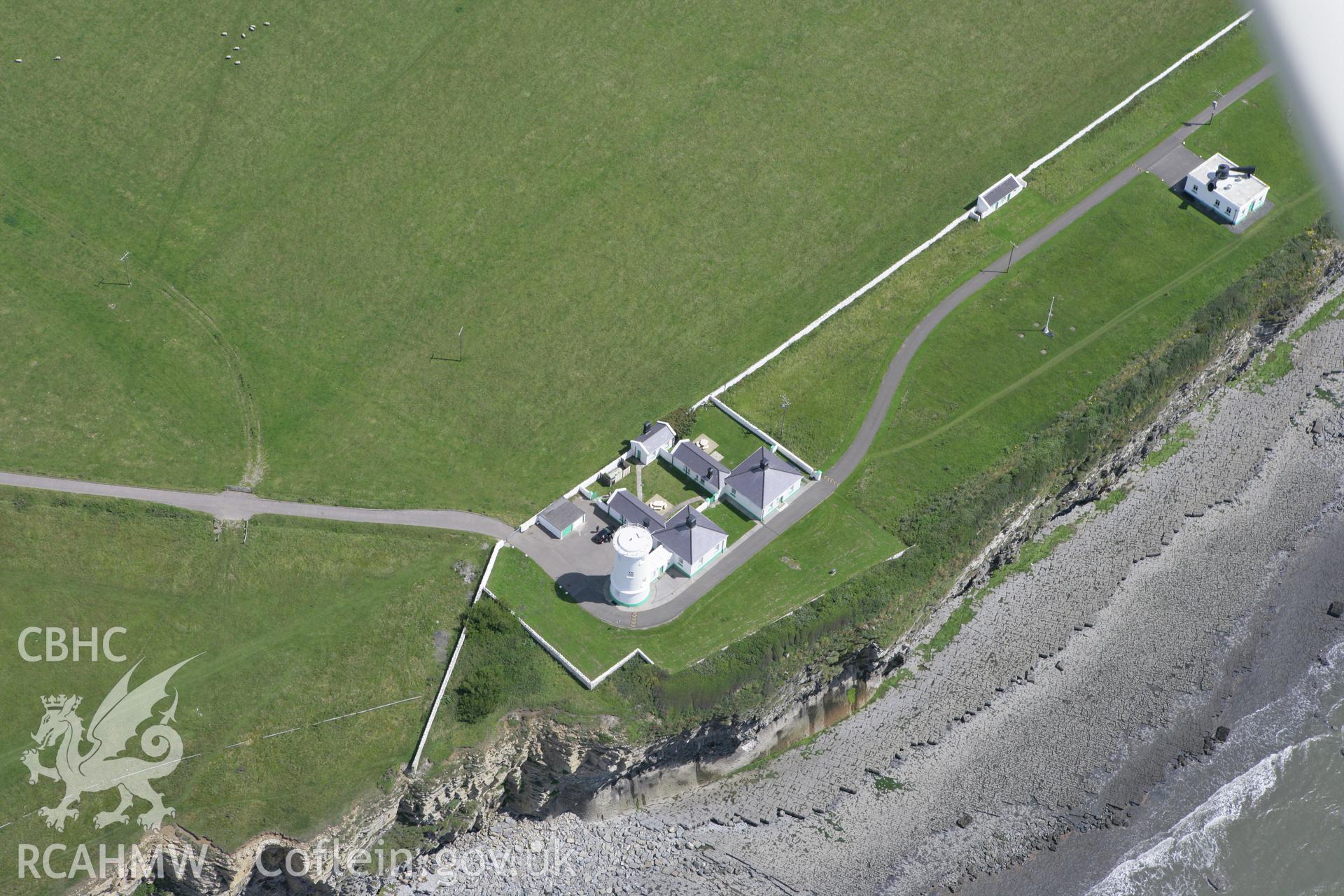 RCAHMW colour oblique photograph of Nash Point West Tower and Fog Horn Signal Building. Taken by Toby Driver on 21/07/2008.
