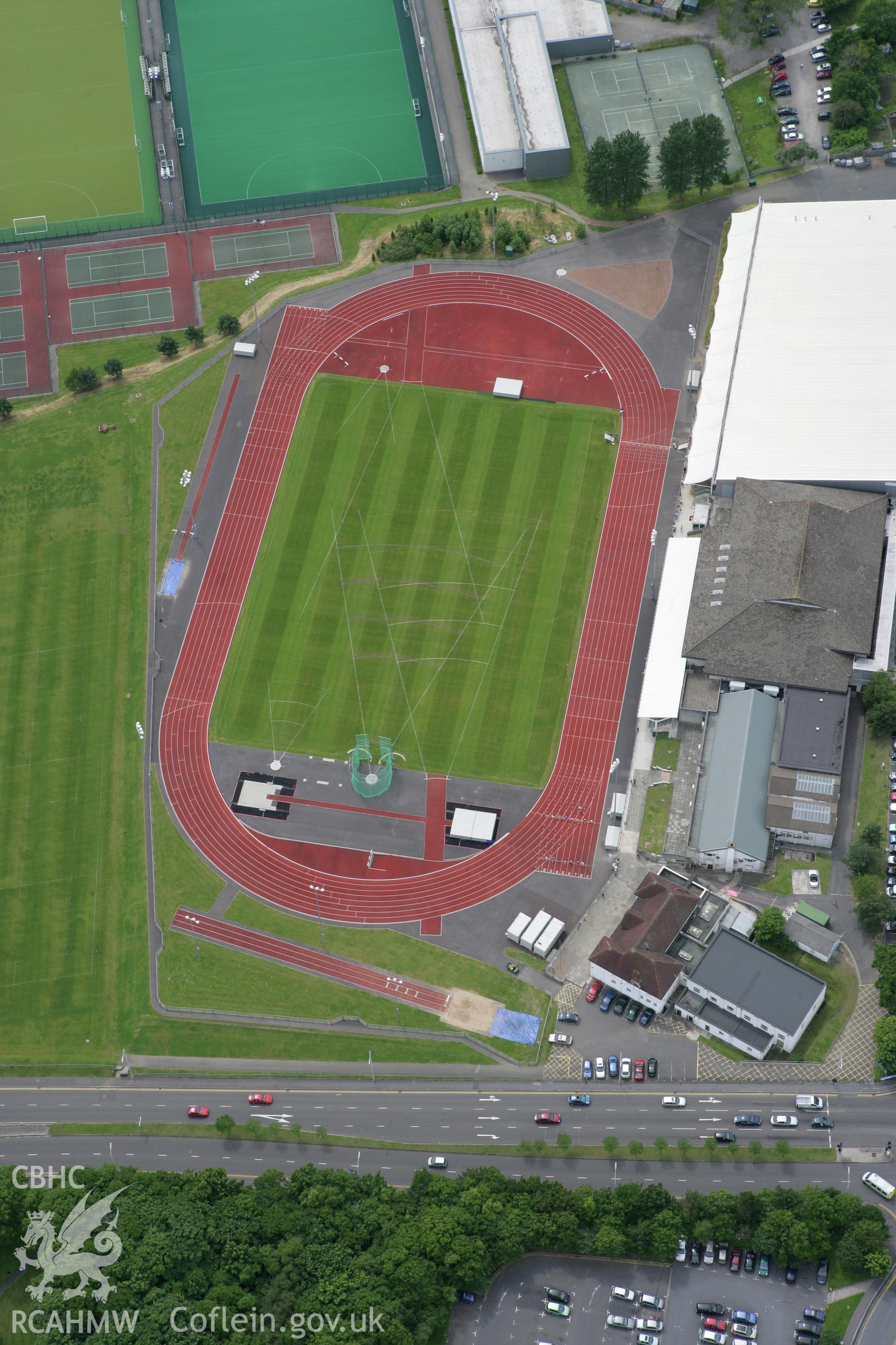 RCAHMW colour oblique photograph of Athletics track, King George V Field, Singleton Park, Swansea. Taken by Toby Driver on 20/06/2008.
