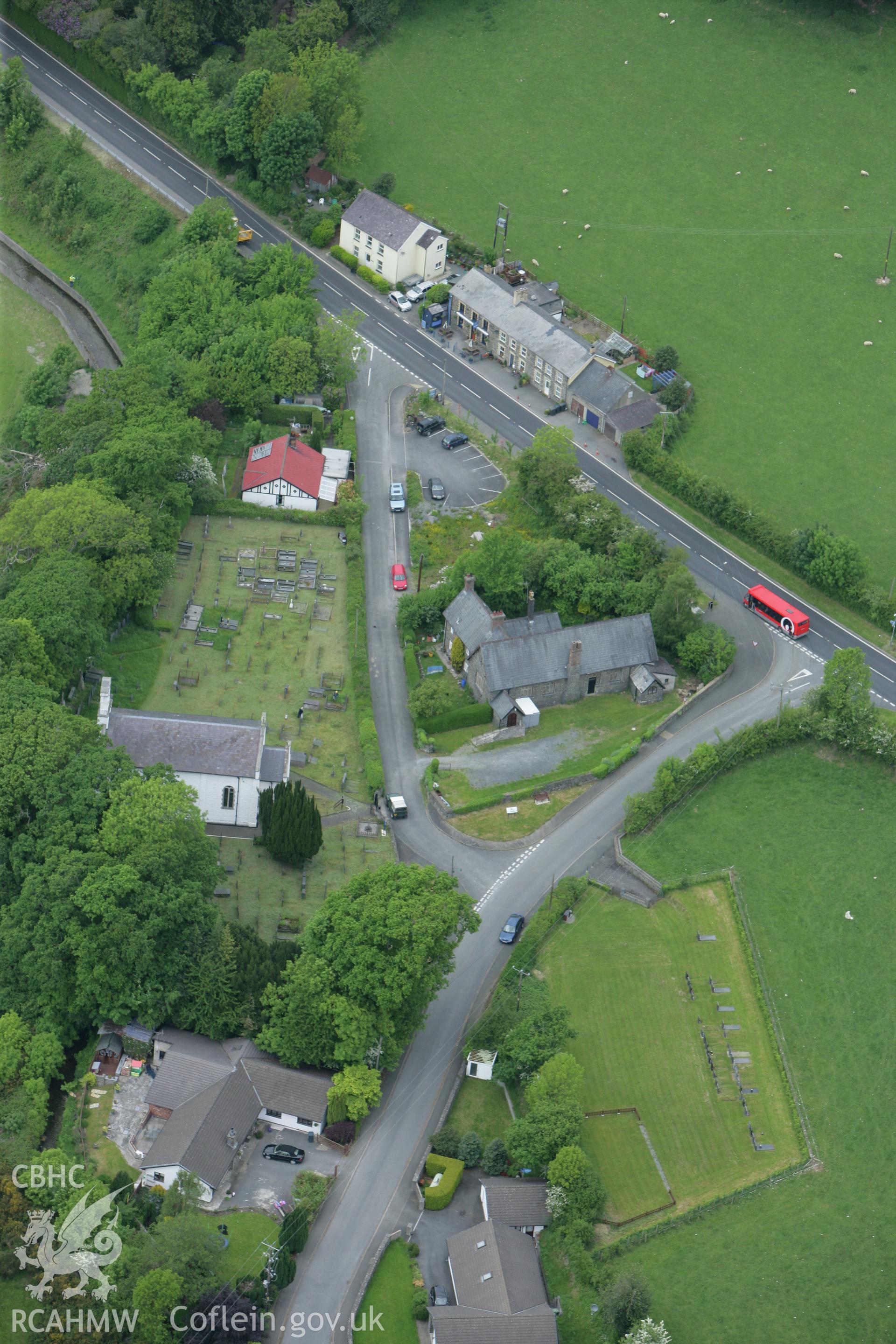 RCAHMW colour oblique photograph of Ty'r Eglwys and former National School, Capel Bangor. Taken by Toby Driver on 20/05/2008.