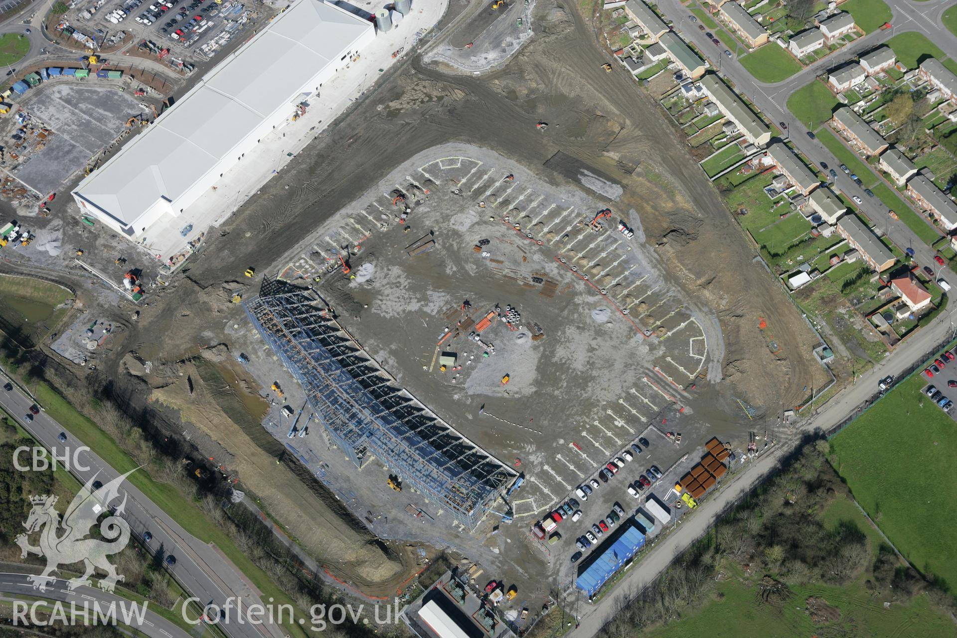 RCAHMW colour oblique photograph of Parc-y-Scarlet Stadium, Llanelli, under construction. Taken by Toby Driver on 04/03/2008.