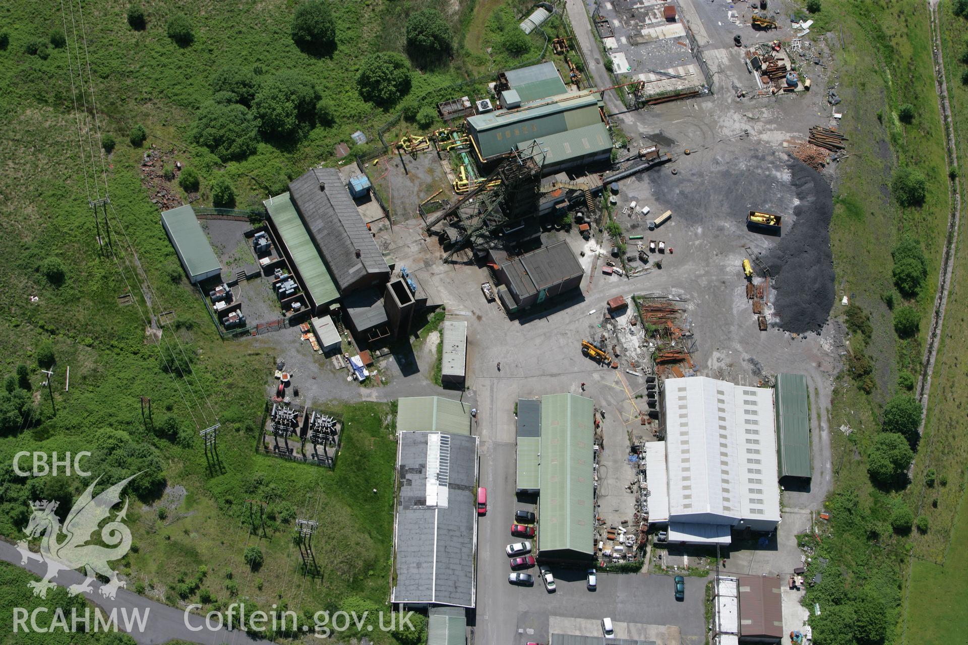 RCAHMW colour oblique photograph of Tower Colliery Headframe and Engine House, prior to demolition. Taken by Toby Driver on 09/06/2008.