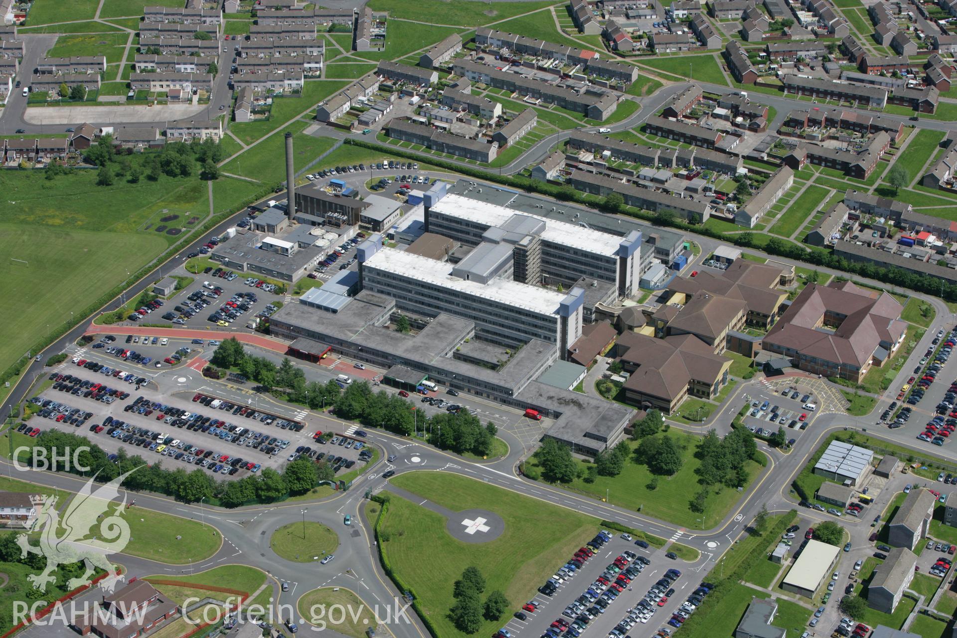 RCAHMW colour oblique photograph of Prince Charles Hospital, Gurnos, Merthyr Tydfil. Taken by Toby Driver on 09/06/2008.