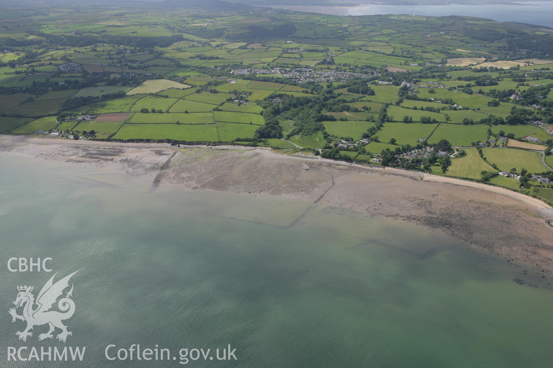 RCAHMW colour oblique photograph of Llangoed Fish Trap, Aberlleiniog Fish Trap and Penmon Fish Trap, Menai Strait, Anglesey. Taken by Toby Driver on 13/06/2008.
