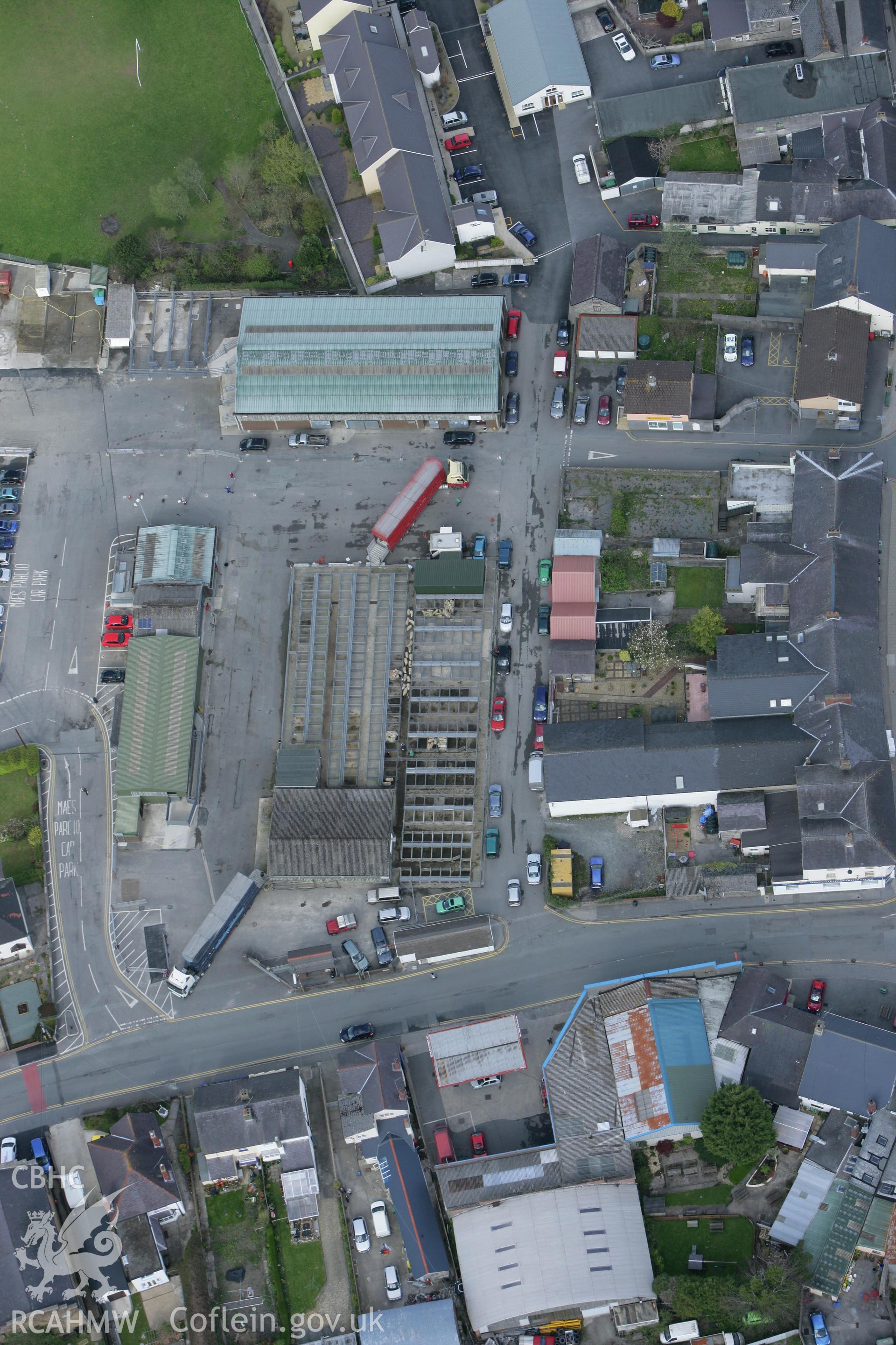 RCAHMW colour oblique photograph of Newcastle Emlyn Livestock Market. Taken by Toby Driver on 24/04/2008.