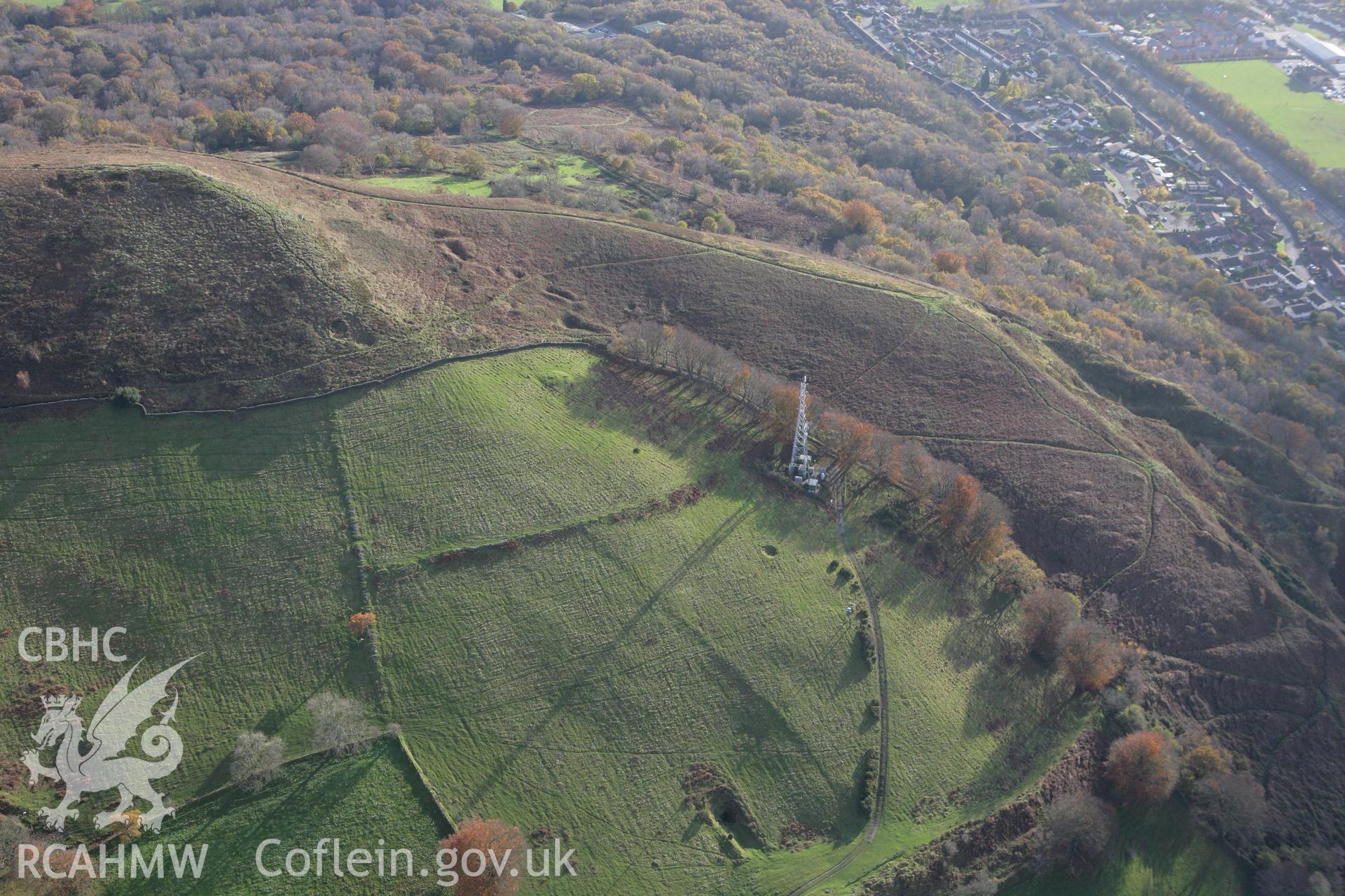 RCAHMW colour oblique photograph of Stone quarrying, Craig yr Allt, Caerphilly. Taken by Toby Driver on 12/11/2008.