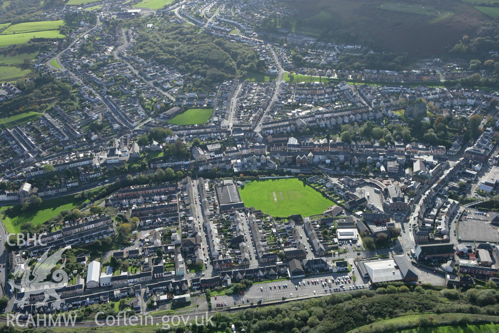 RCAHMW colour oblique photograph of Maesteg townscape, with Maesteg cricket pitch. Taken by Toby Driver on 16/10/2008.