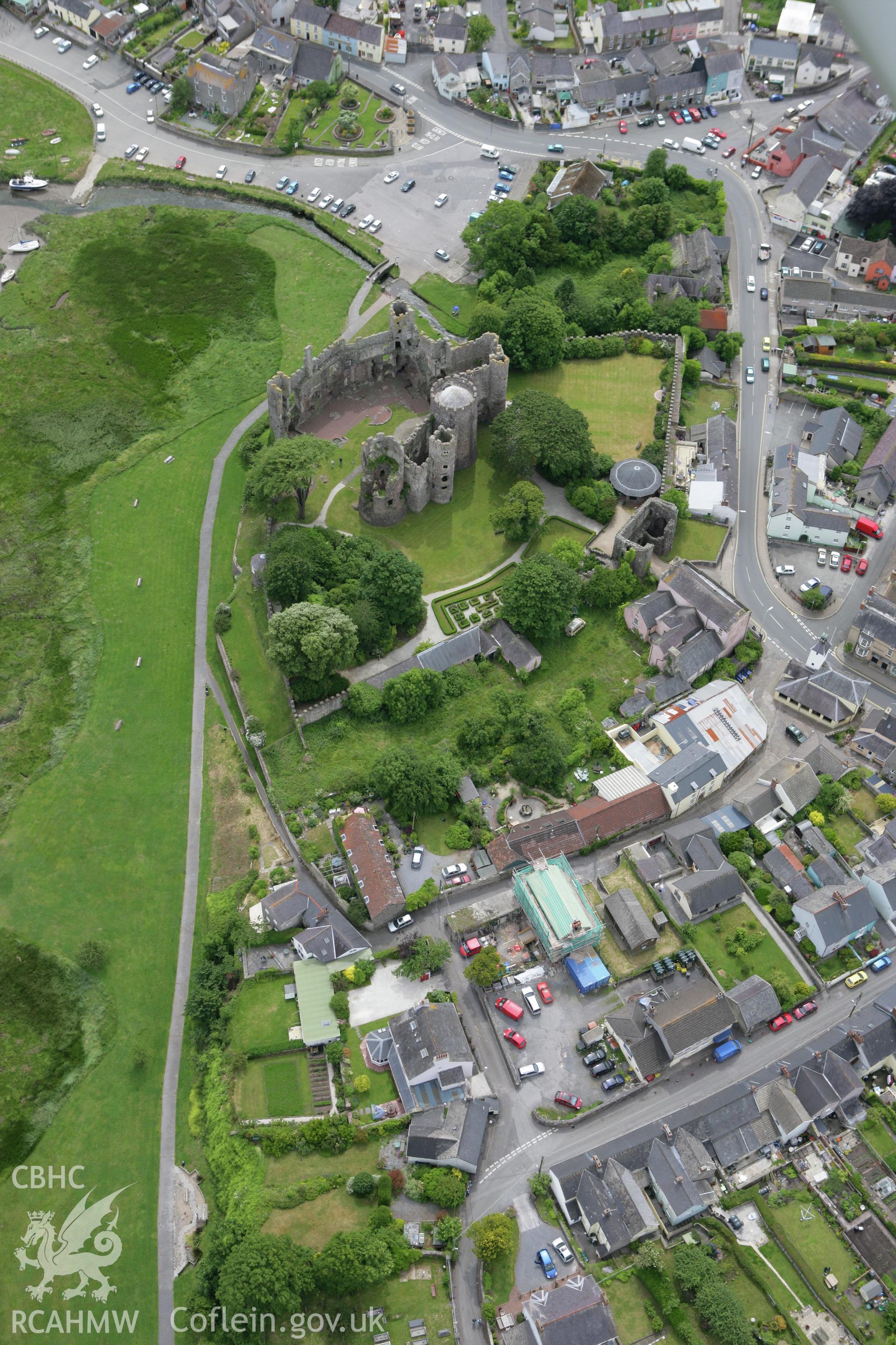 RCAHMW colour oblique photograph of Laugharne Castle. Taken by Toby Driver on 20/06/2008.