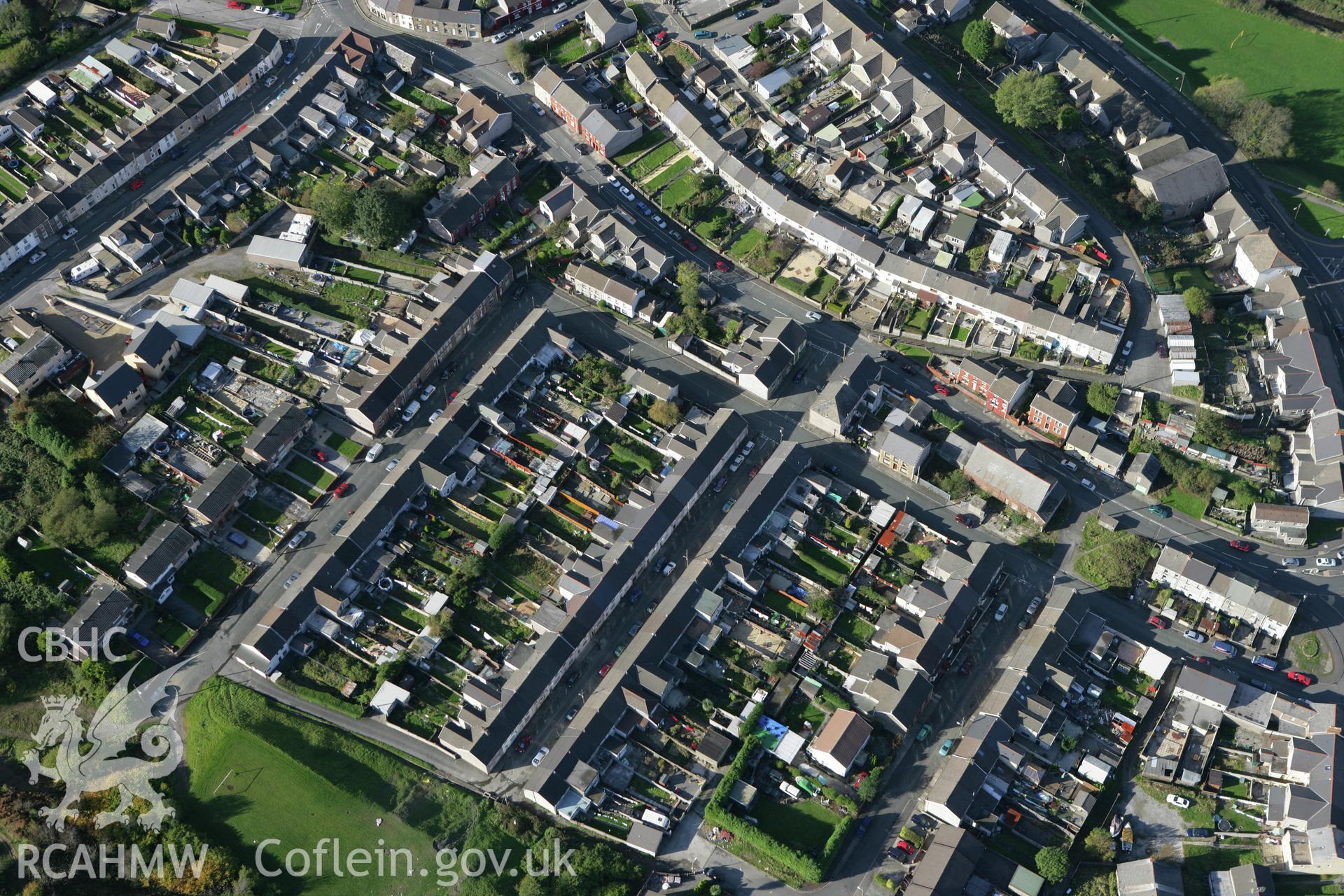 RCAHMW colour oblique photograph of terraced housing at Princess Street and Park Street, Maesteg. Taken by Toby Driver on 16/10/2008.