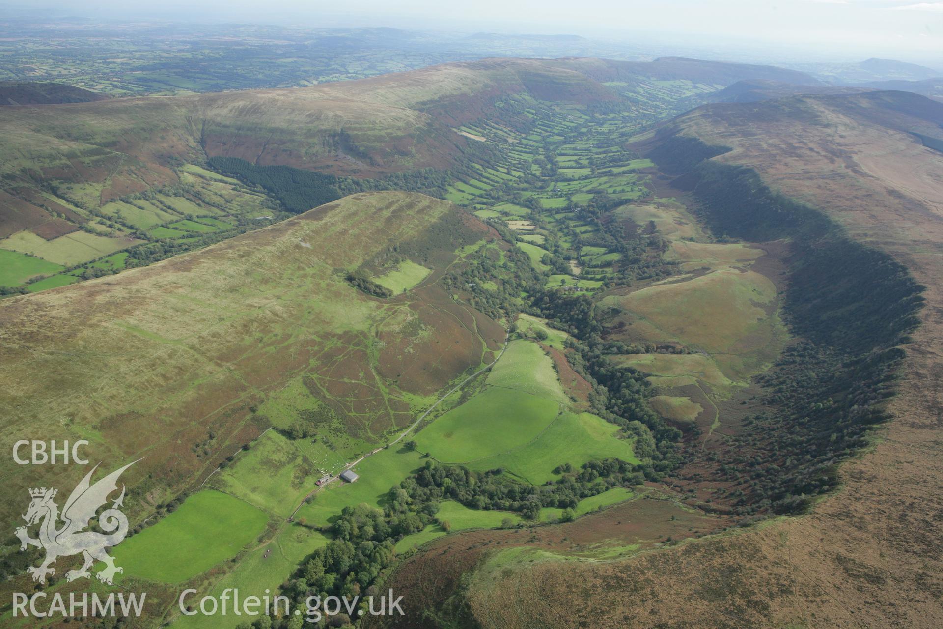 RCAHMW colour oblique photograph of landscape looking south-east along the Vale of Ewyas, from Blaen Bwch. Taken by Toby Driver on 10/10/2008.