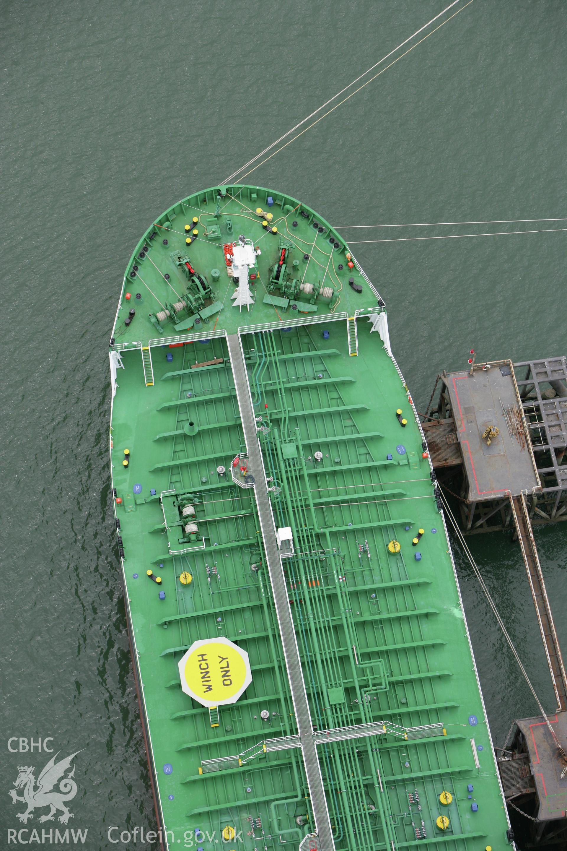 RCAHMW colour oblique photograph of Tanker, West jetty at South Hook Point, Milford Haven. Taken by Toby Driver on 20/06/2008.