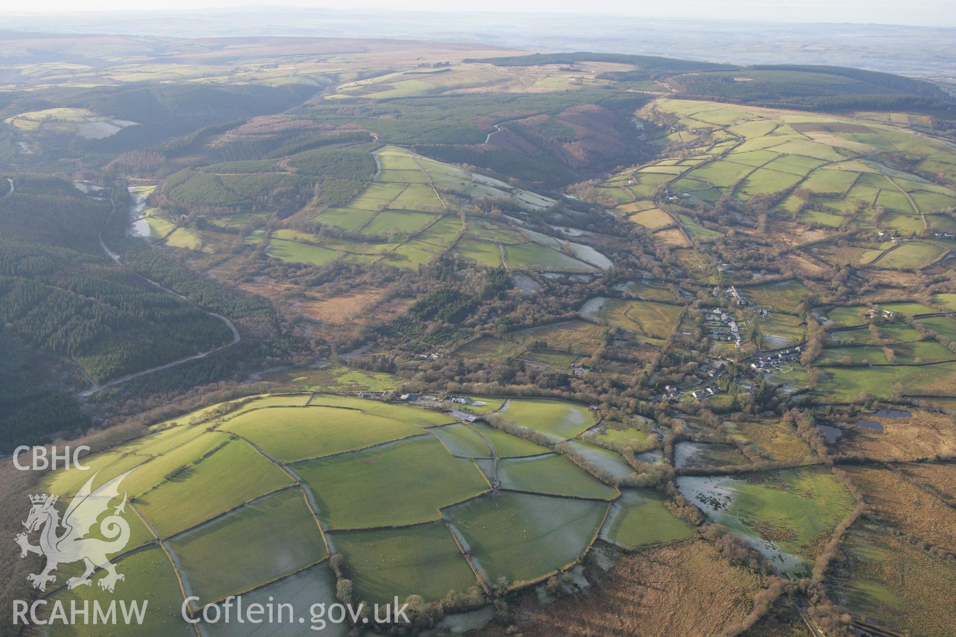 RCAHMW colour oblique photograph of Rhydcymerau village. Taken by Toby Driver on 15/12/2008.