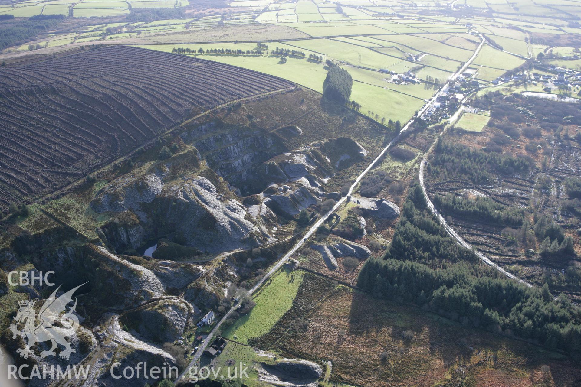 RCAHMW colour oblique photograph of Rosebush Slate Quarries. Taken by Toby Driver on 15/12/2008.