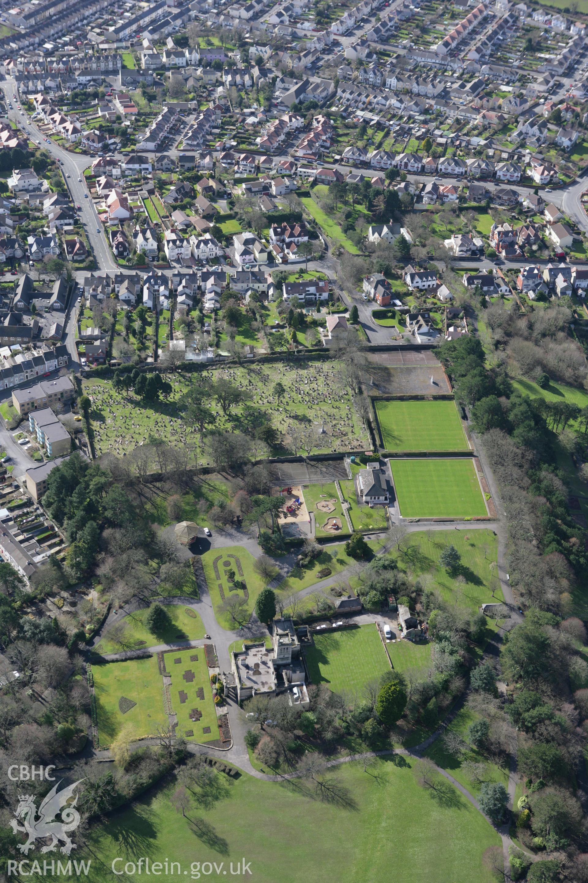 RCAHMW colour oblique photograph of Bryncaerau Castle and gardens. Taken by Toby Driver on 04/03/2008.