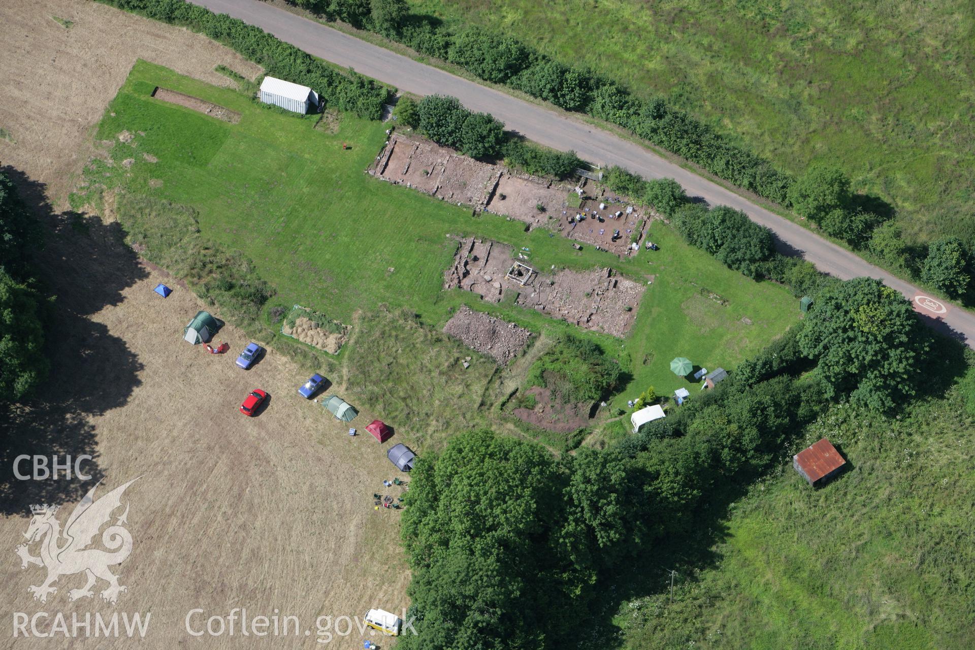 RCAHMW colour oblique photograph of Excavations at Trellech, the Lost City of Trellech Project by Monmouthshire Archaeological Society. Taken by Toby Driver on 21/07/2008.