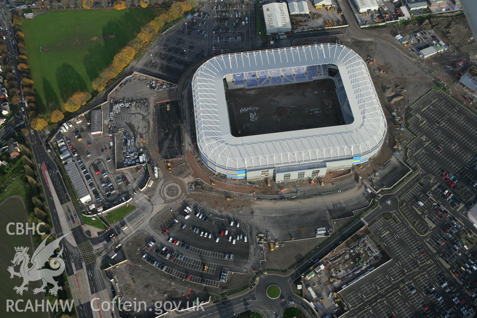 RCAHMW colour oblique photograph of Cardiff City Stadium and Ninian Park Stadium. Taken by Toby Driver on 12/11/2008.