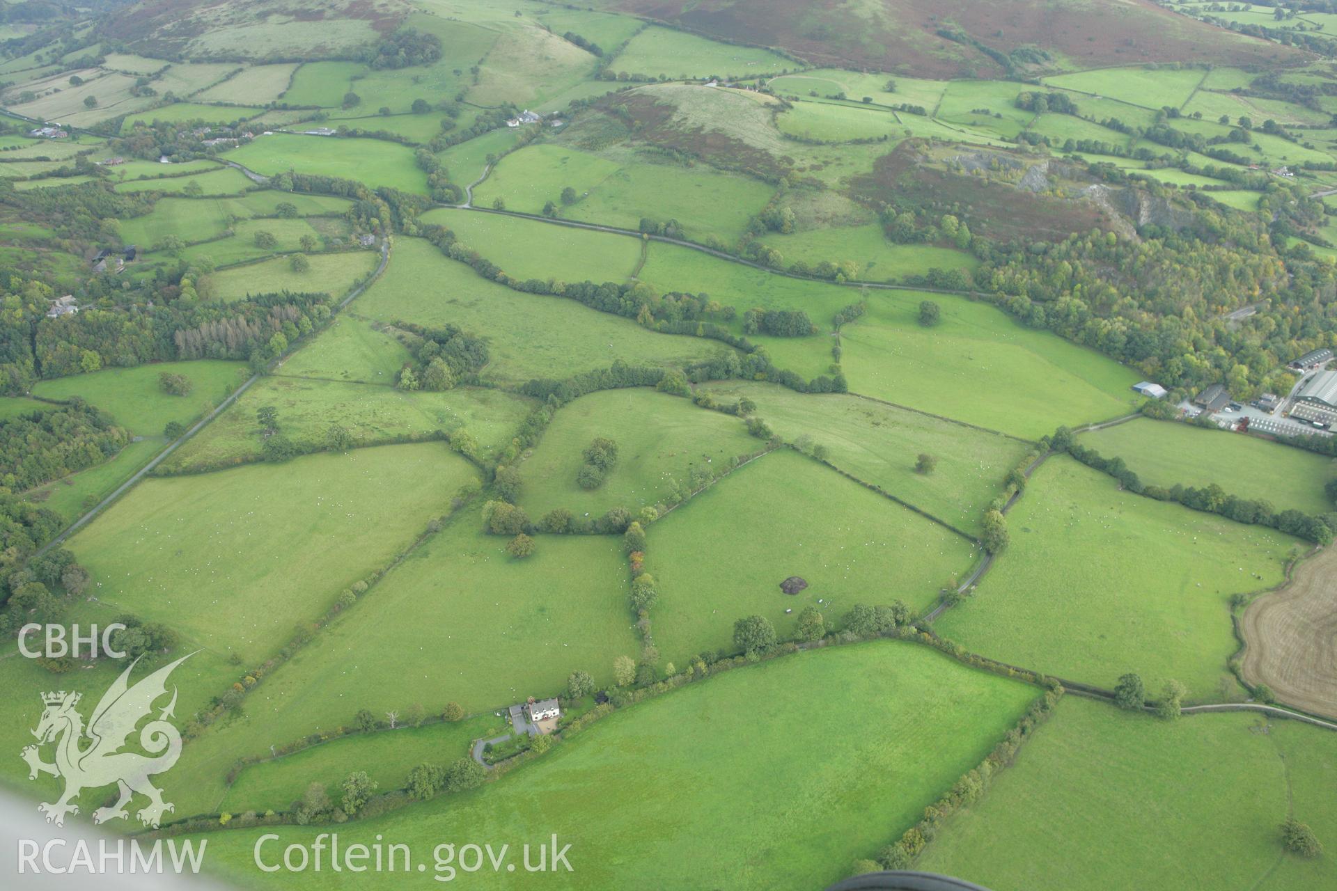 RCAHMW colour oblique photograph of landscape to the south-east of Hyssington. Taken by Toby Driver on 10/10/2008.