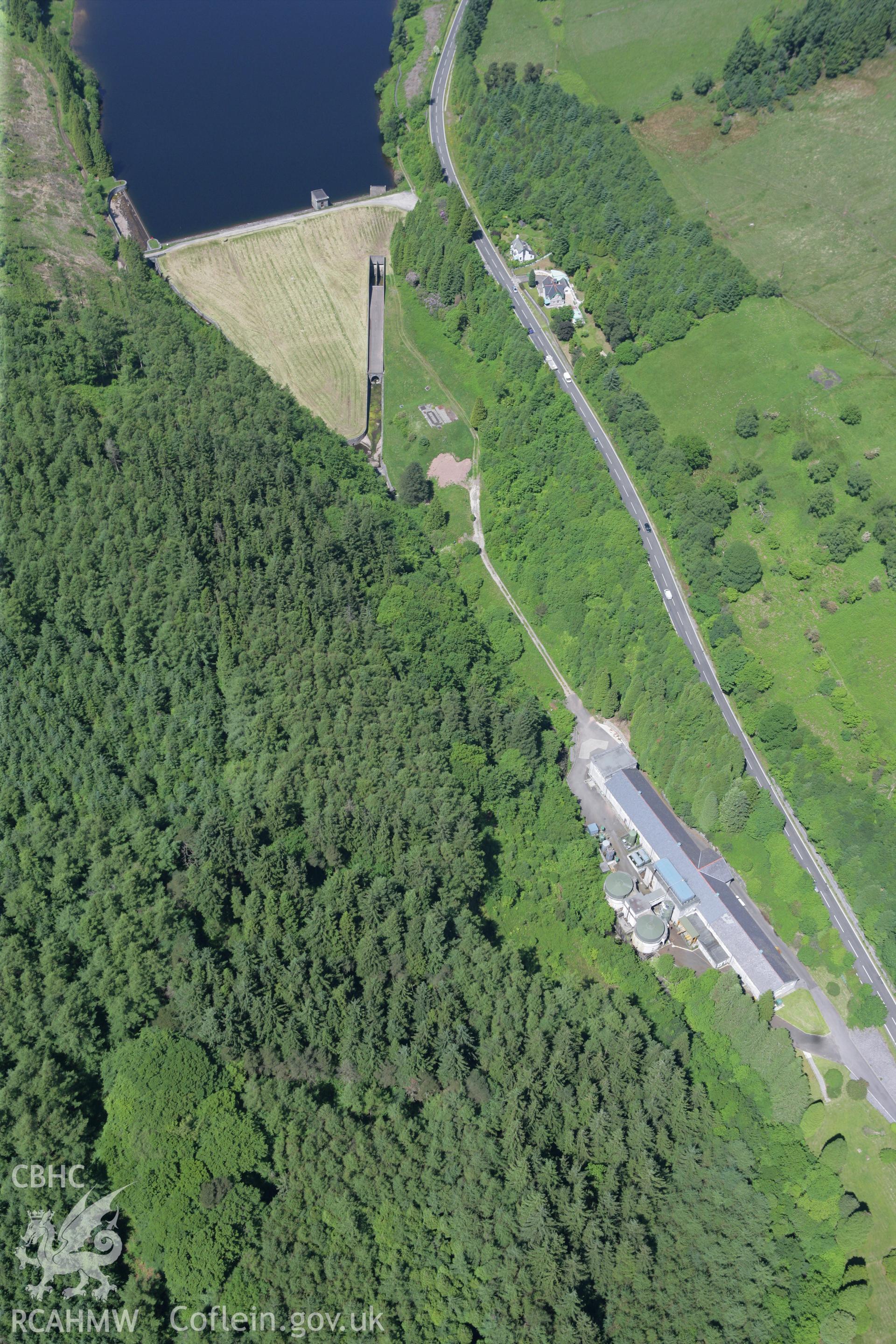 RCAHMW colour oblique photograph of Cantref Reservoir and Water Filtration Plant, Taff Fawr Reservoirs, Cardiff Waterworks. Taken by Toby Driver on 09/06/2008.