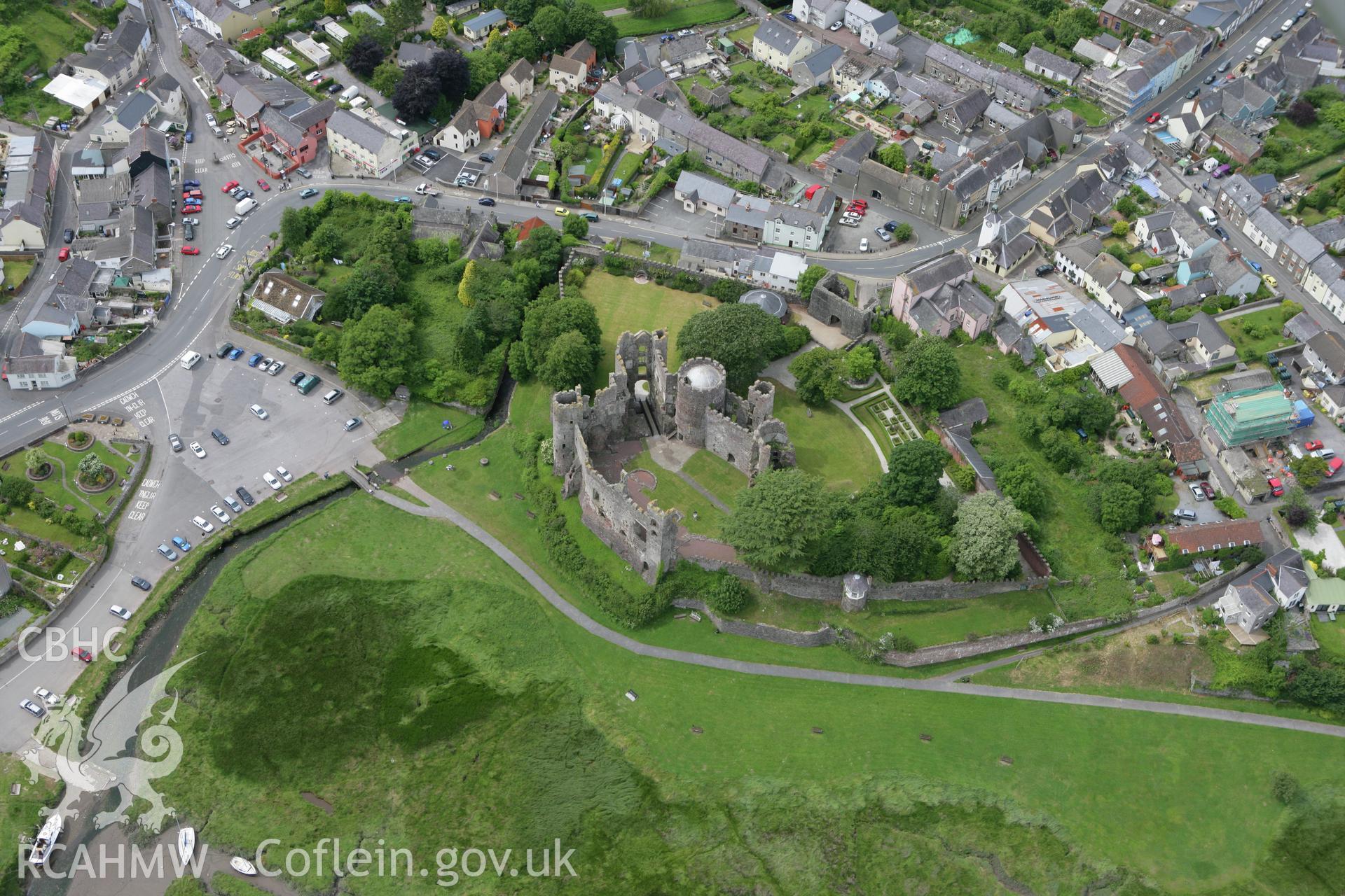 RCAHMW colour oblique photograph of Laugharne Castle. Taken by Toby Driver on 20/06/2008.