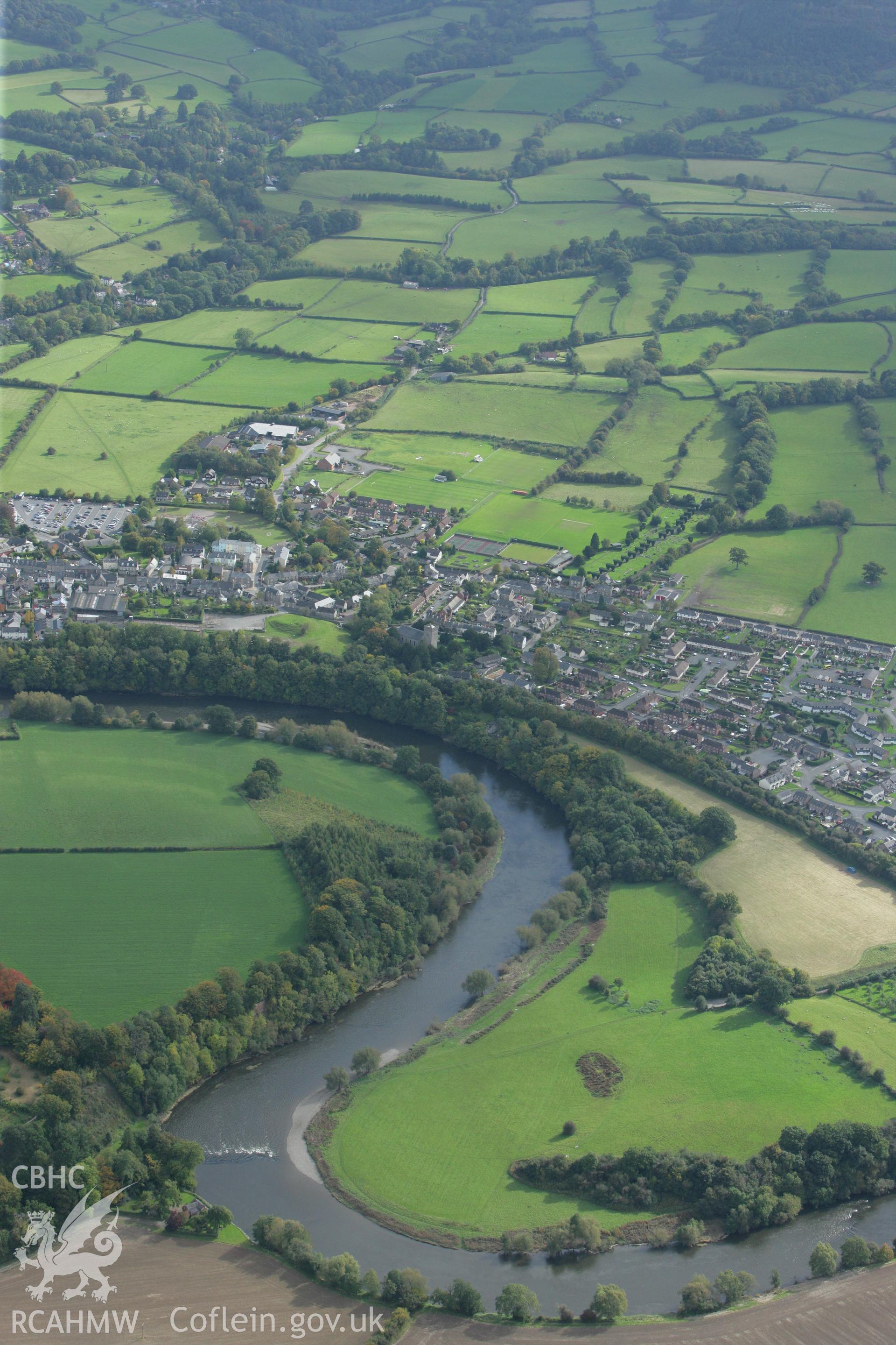 RCAHMW colour oblique photograph of Hay on Wye, view looking south-east over The Warren. Taken by Toby Driver on 10/10/2008.