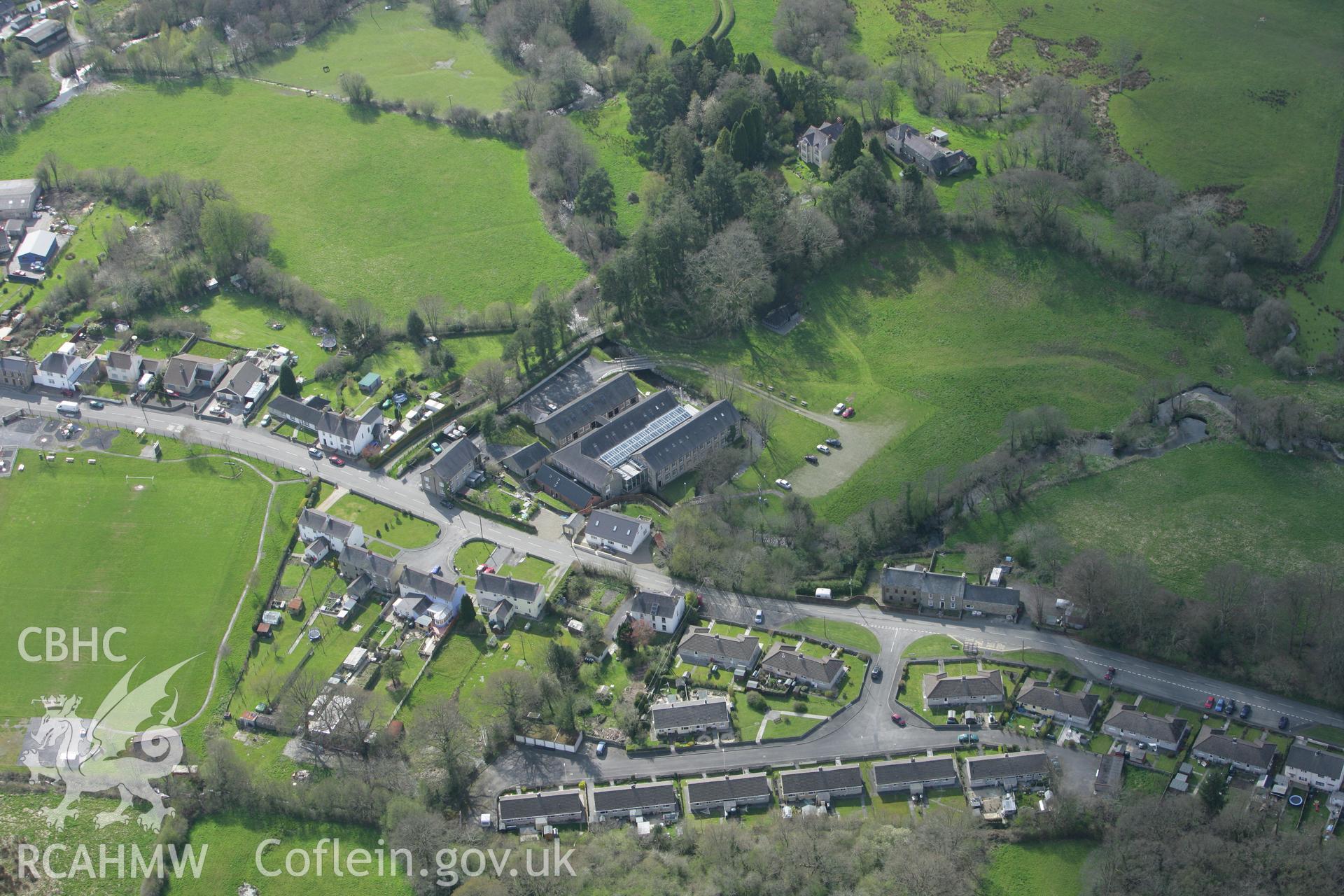 RCAHMW colour oblique photograph of National Woollen Mill, Dre-Fach Felindre. Taken by Toby Driver on 24/04/2008.