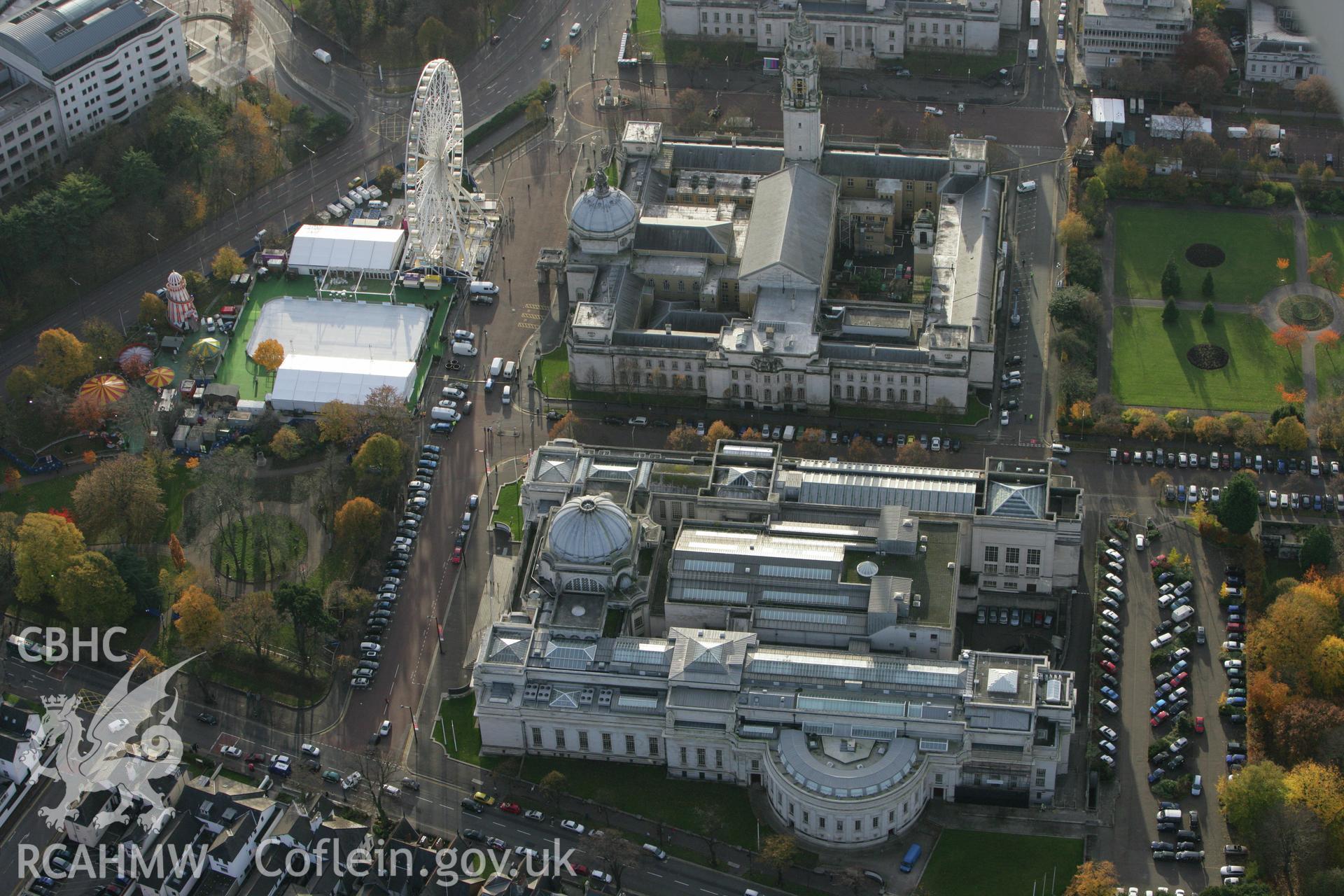 RCAHMW colour oblique photograph of National Museum of Wales, Cardiff City Hall and the Cardiff Winter Wonderland fair with temporary ice rink. Taken by Toby Driver on 12/11/2008.