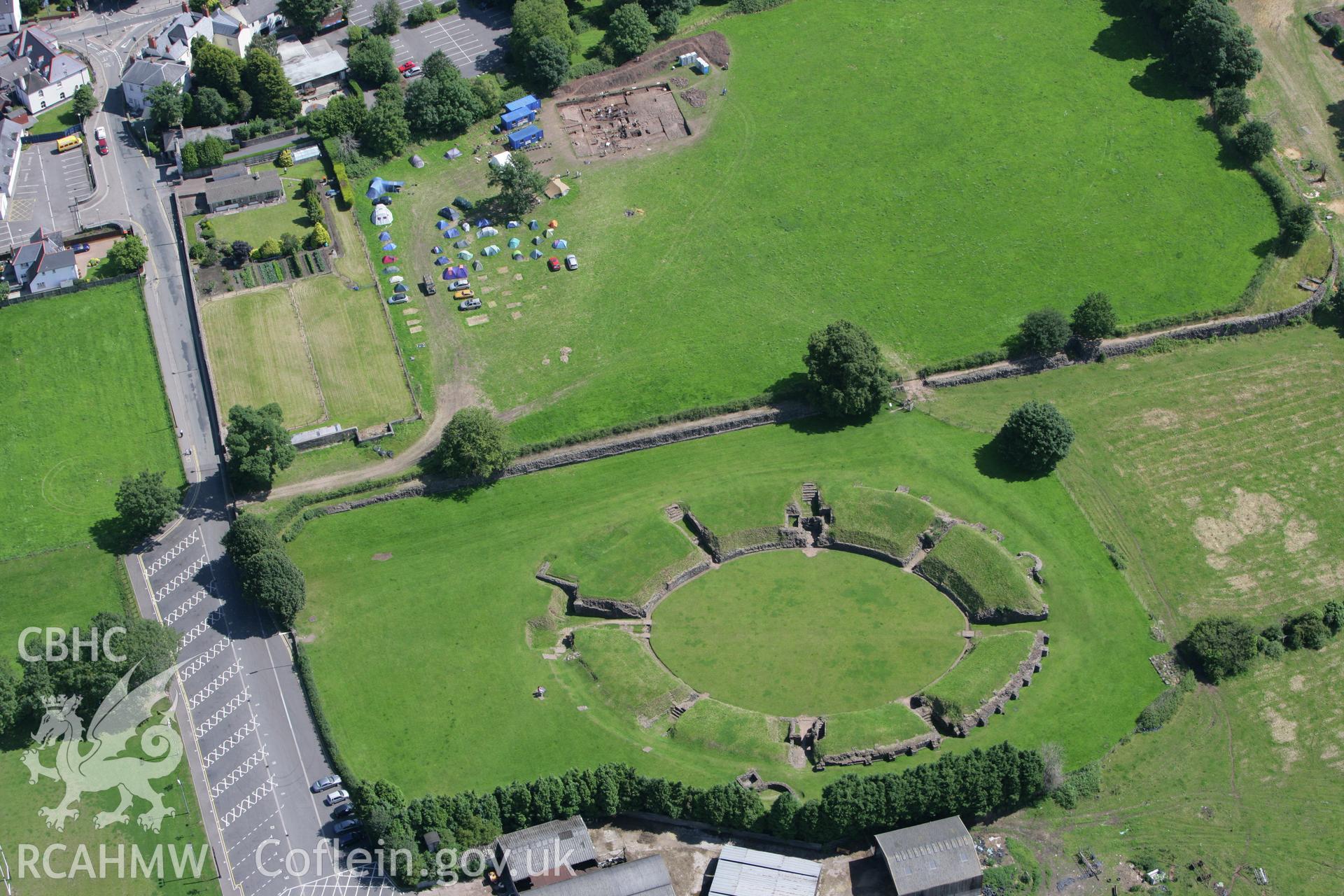 RCAHMW colour oblique photograph of Caerleon Roman Amphitheatre, with Priory Field Excavations underway. Taken by Toby Driver on 21/07/2008.