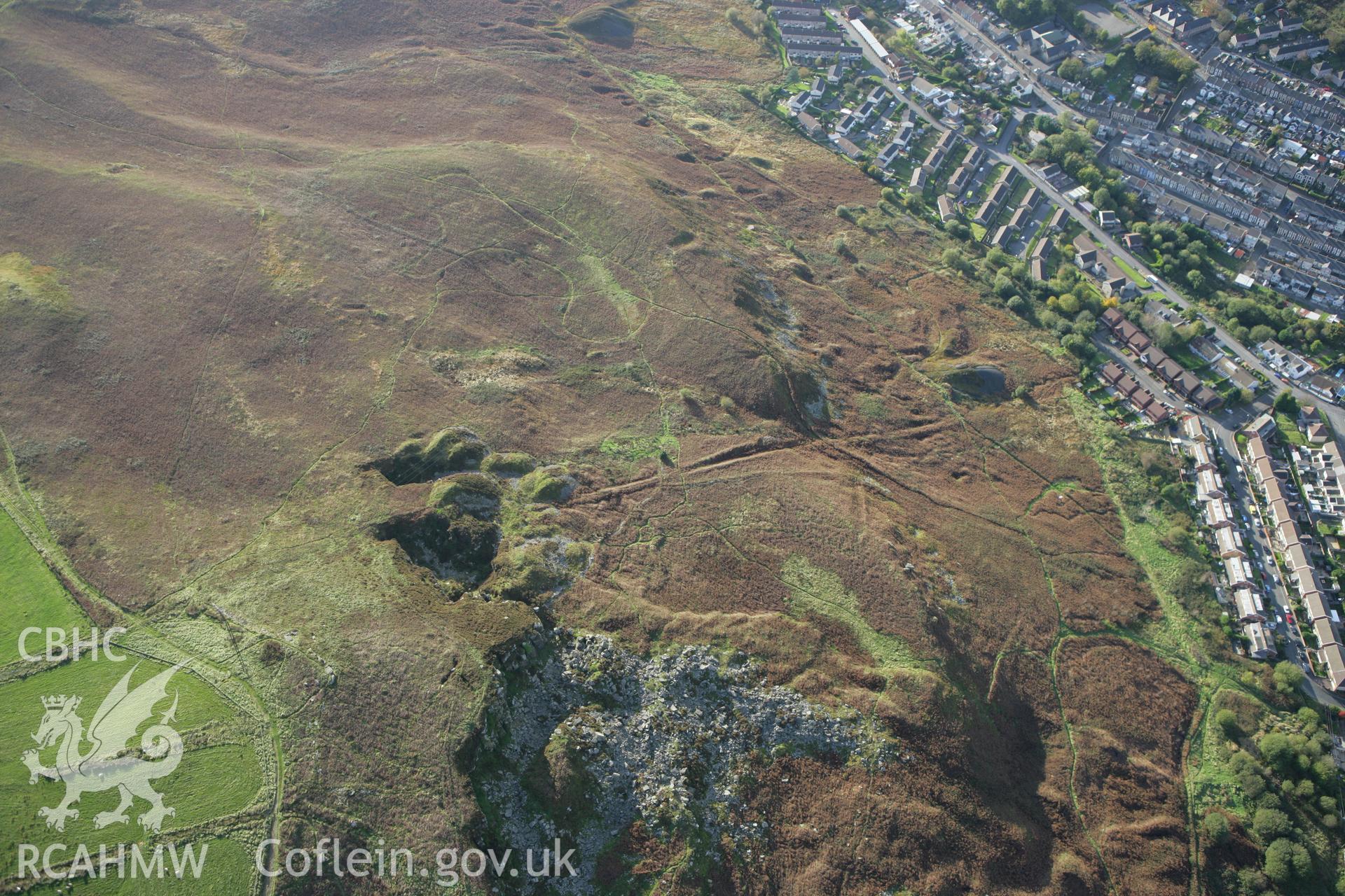 RCAHMW colour oblique photograph of quarries and tramway, now disused at Cymmer. Taken by Toby Driver on 16/10/2008.