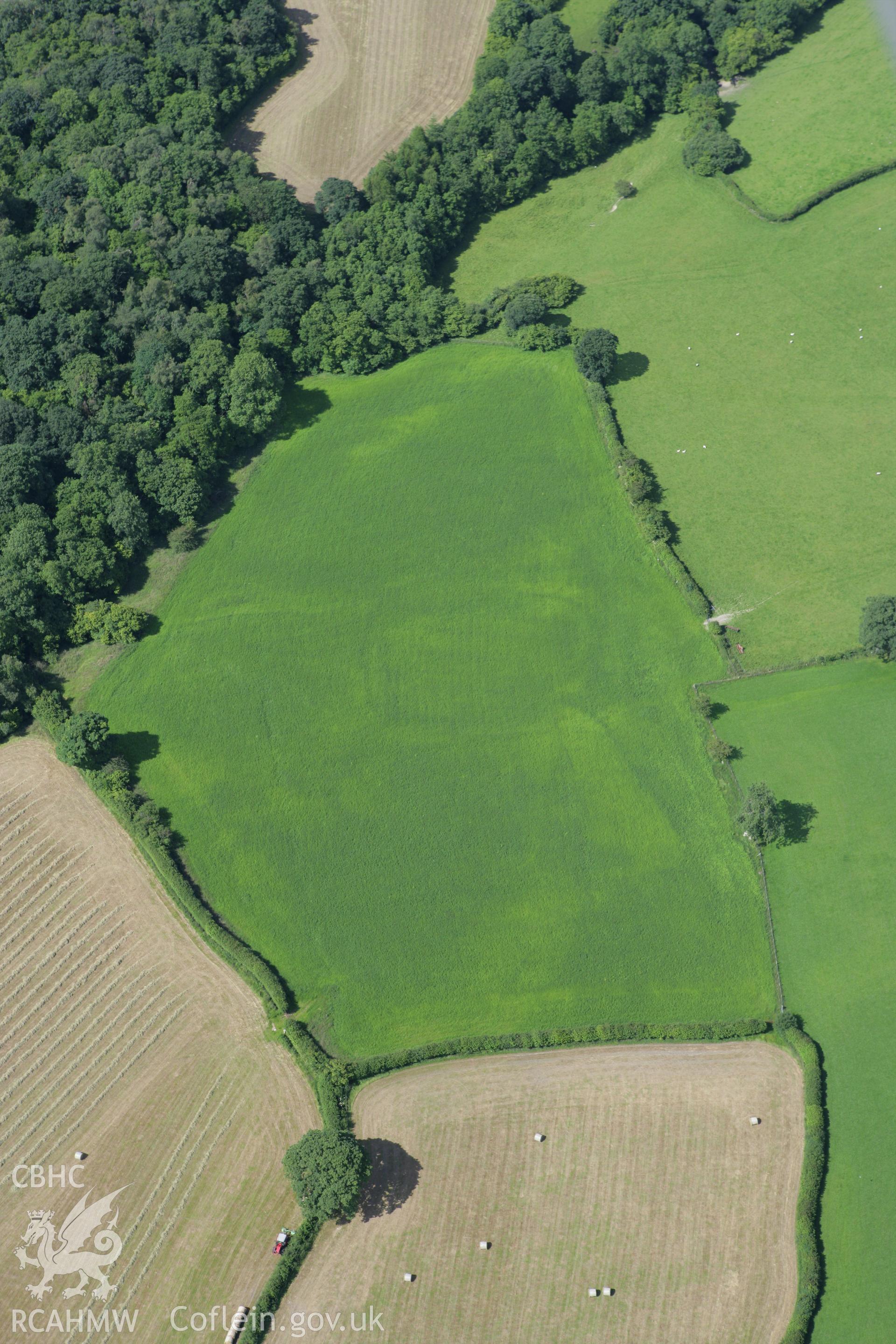 RCAHMW colour oblique photograph of Pentre Woods, enclosure cropmark. Taken by Toby Driver on 21/07/2008.