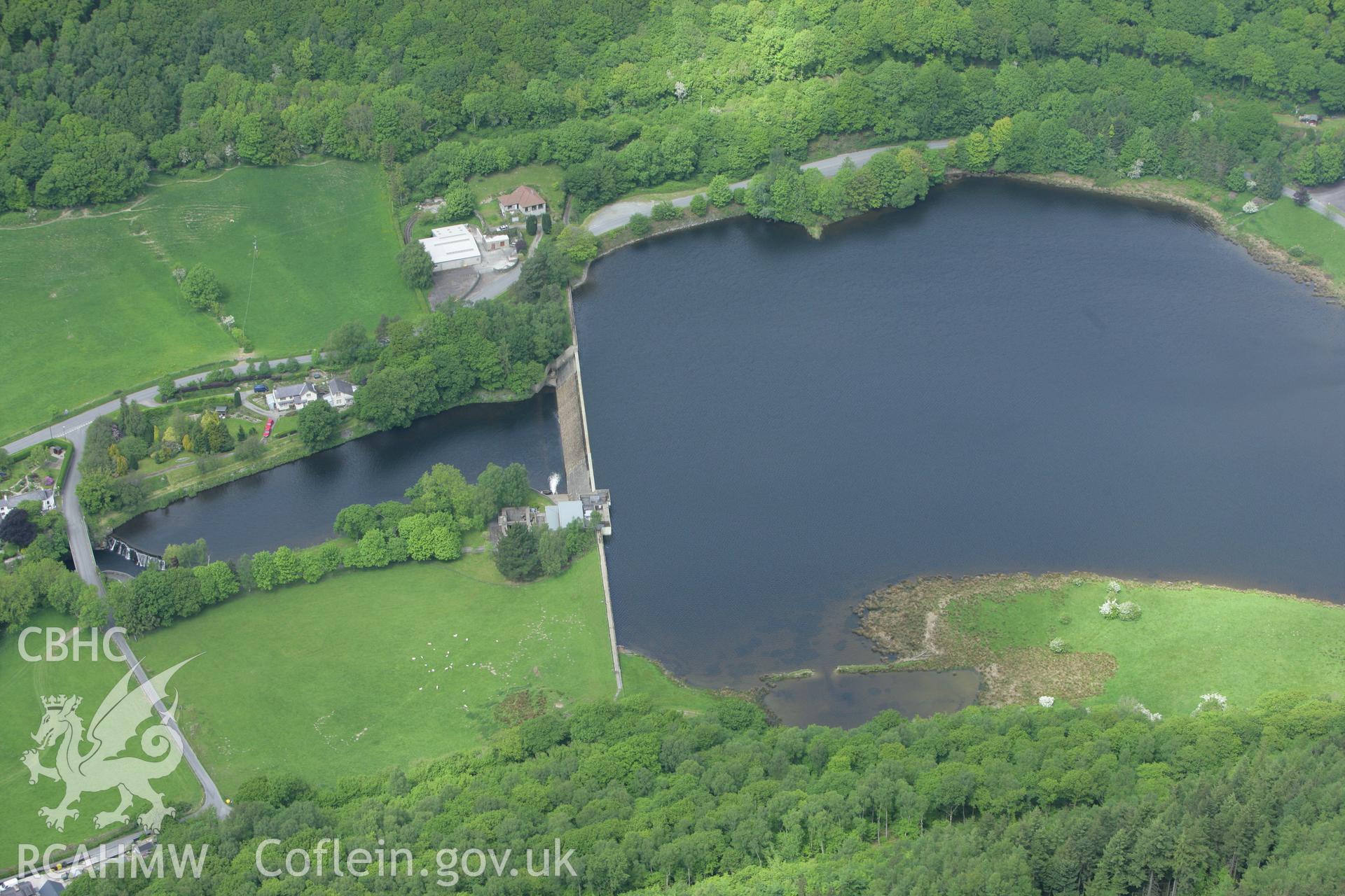 RCAHMW colour oblique photograph of Cwm Rheidol Reservoir and Dam, part of the Rheidol Hydro-Electric Scheme. Taken by Toby Driver on 20/05/2008.