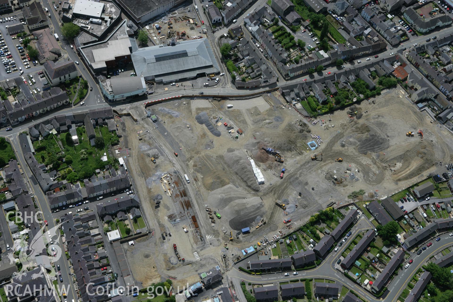 RCAHMW colour oblique photograph of redevelopment at St. Catherine Street, Carmarthen, for St Catherine's Walk shopping centre. Taken by Toby Driver on 09/06/2008.