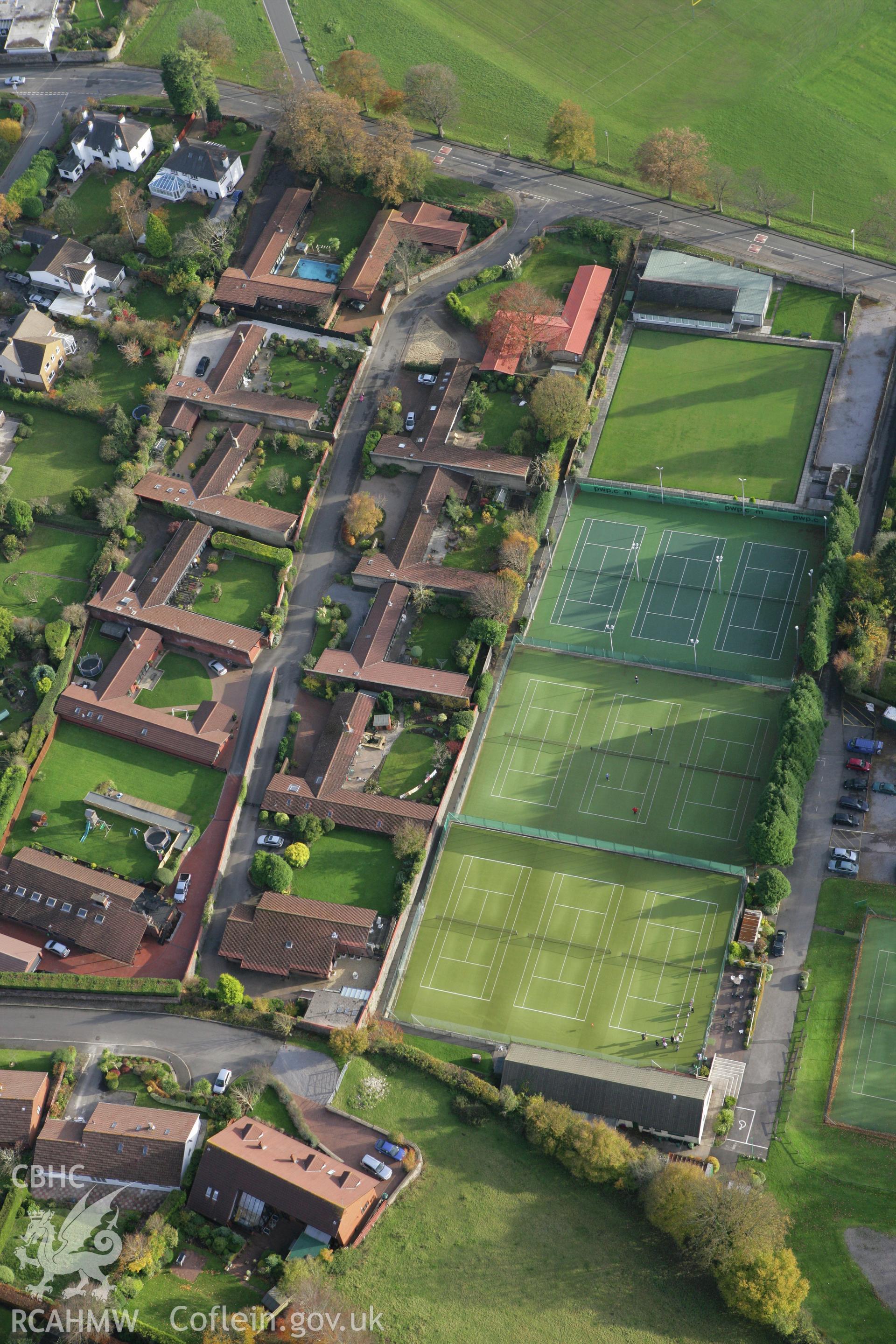 RCAHMW colour oblique photograph of Dinas Powys Lawn Tennis Club and Bowling Club. Taken by Toby Driver on 12/11/2008.