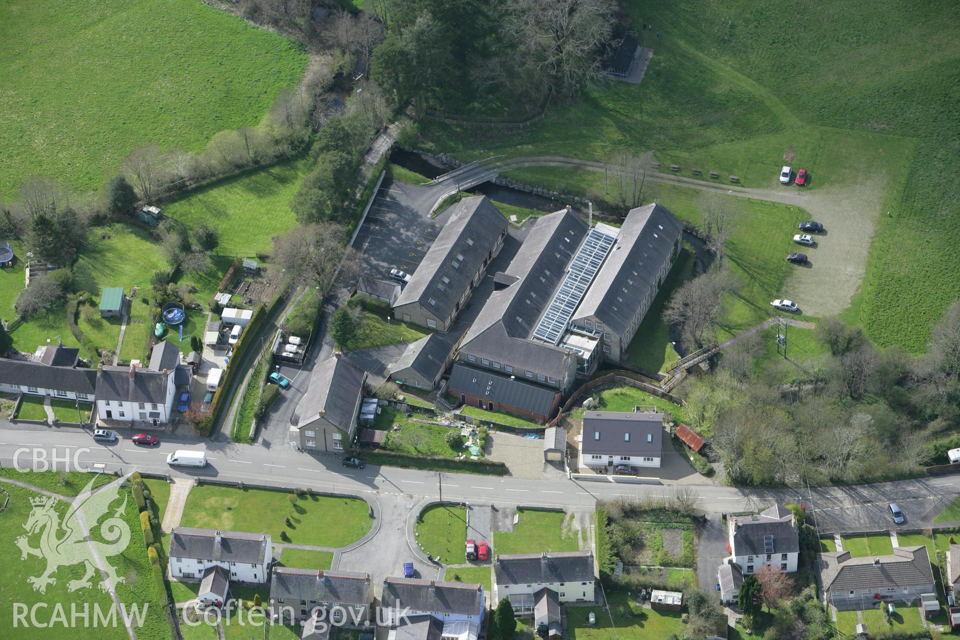RCAHMW colour oblique photograph of National Woollen Mill, Dre-Fach Felindre. Taken by Toby Driver on 24/04/2008.