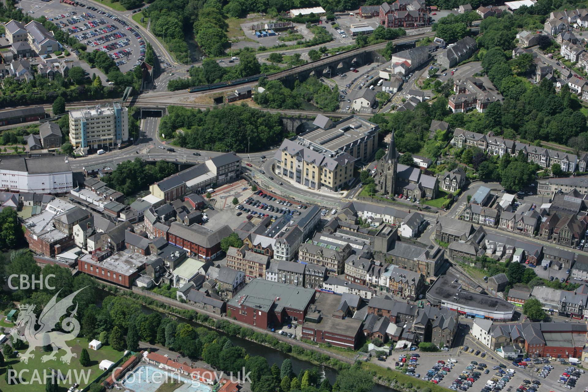 RCAHMW colour oblique photograph of Pontypridd, with St Catherine's Church and the Taff Vale Railway Viaduct. Taken by Toby Driver on 21/07/2008.