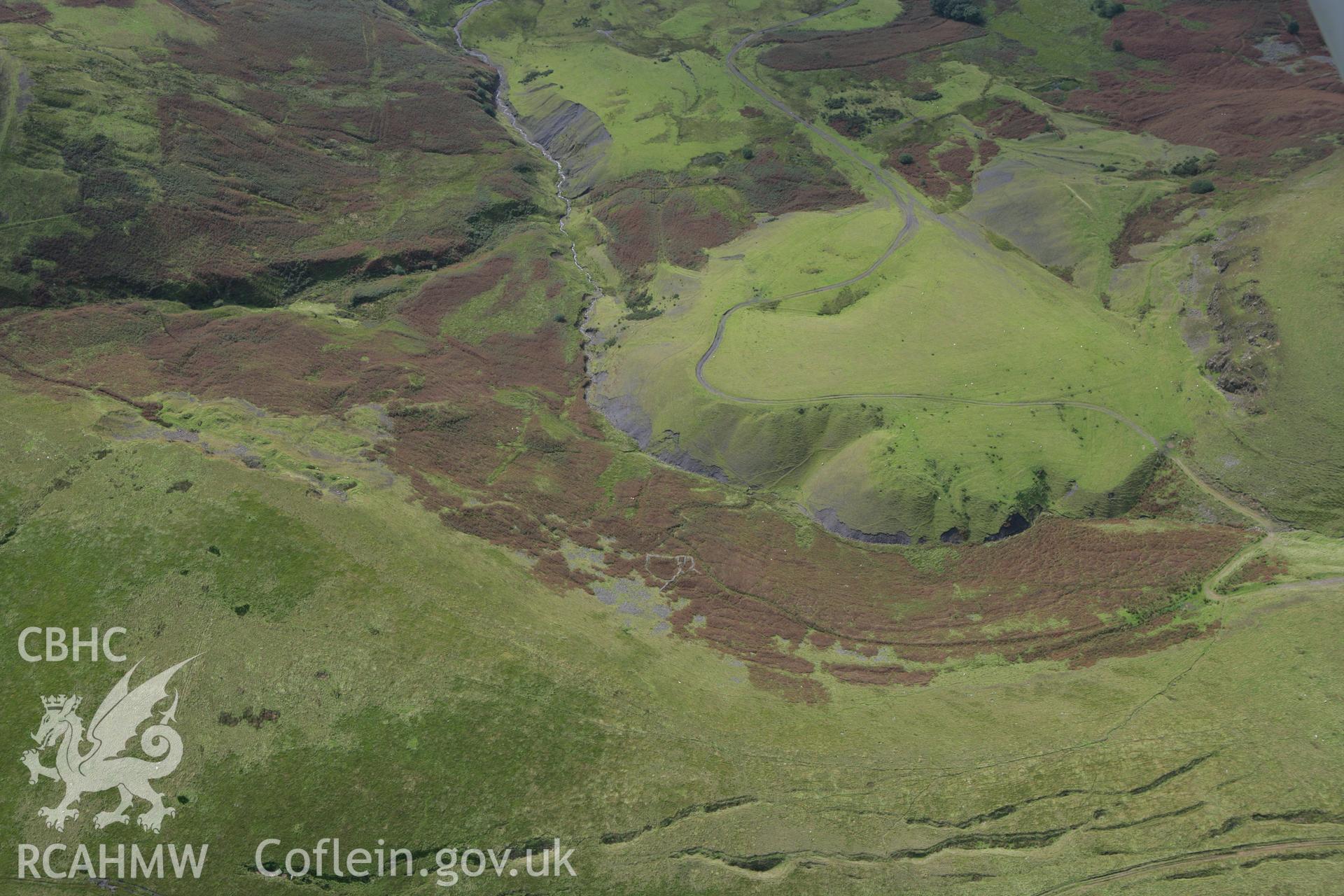 RCAHMW colour oblique photograph of Nant Cwm Gau Sheepfold, with Abergorky Quarry above. Taken by Toby Driver on 12/09/2008.