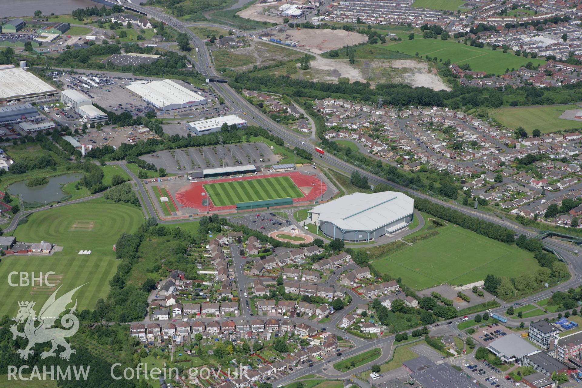 RCAHMW colour oblique photograph of Wales National Velodrome and Newport Stadium, part of the Newport International Sports Village. Taken by Toby Driver on 21/07/2008.