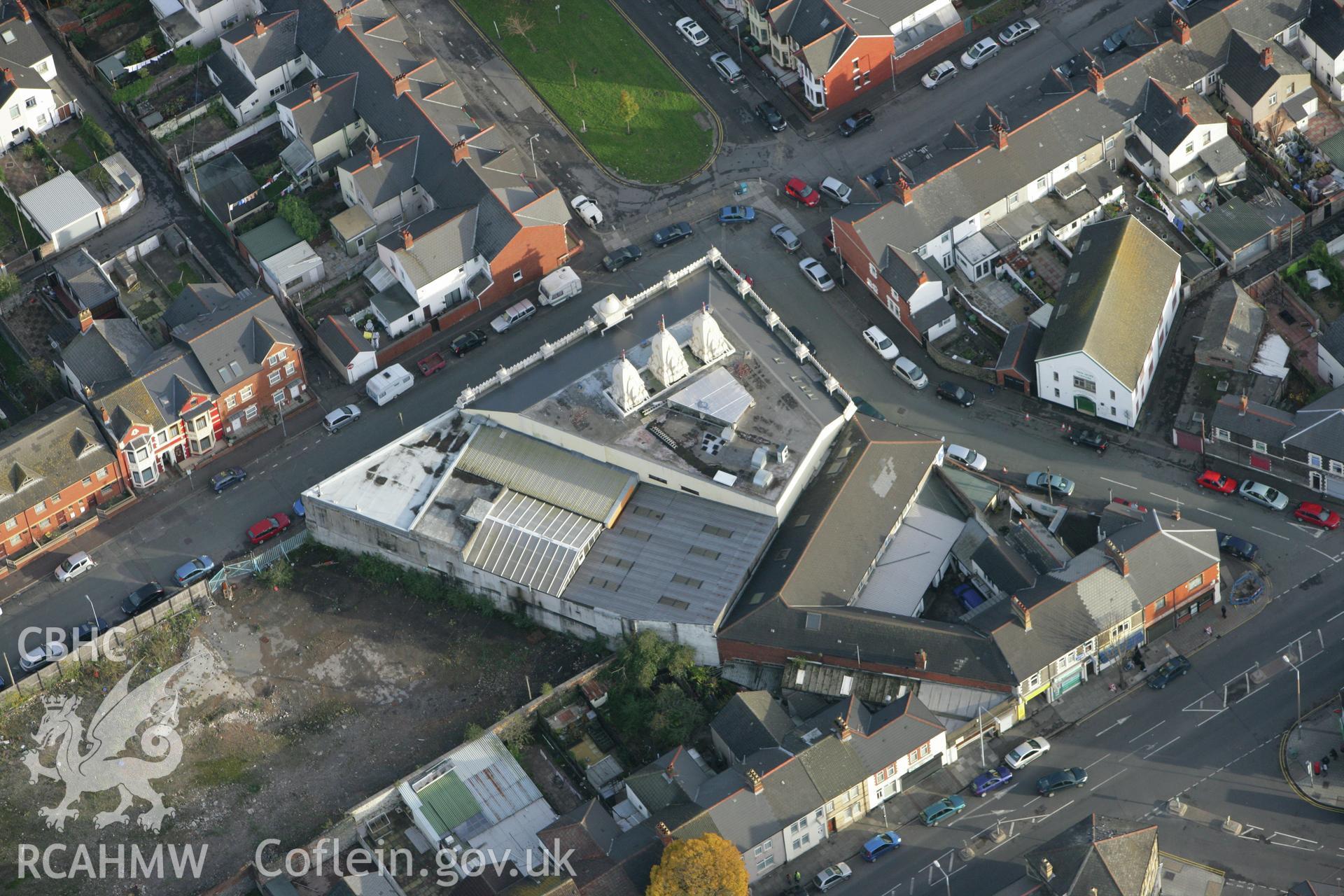 RCAHMW colour oblique photograph of Shri Swaminarayan Mandir Temple, Grangetown, Cardiff. Taken by Toby Driver on 12/11/2008.